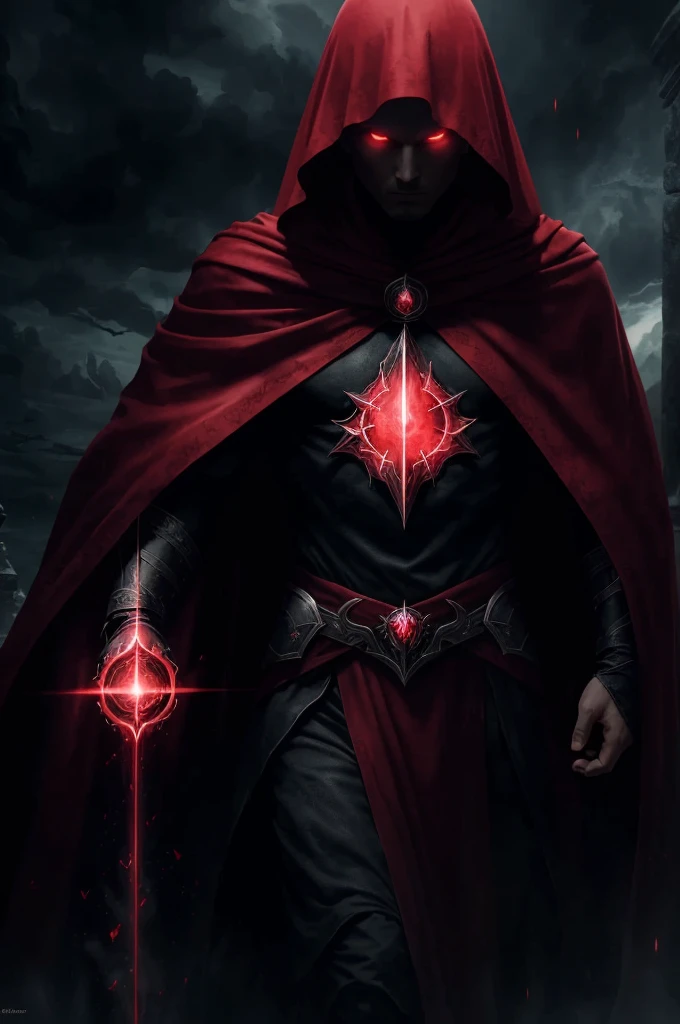 (best quality,4k,8k,highres,masterpiece:1.2),ultra-detailed,realistic,shadow mage,cinematic,dark,red tunic,torn red cape,shadow orb,red aura,strong presence,sinister,deep shadows,dramatic lighting,floating particles,magic effects,ancient symbols,glowing eyes,mysterious atmosphere,ominous,spellbinding,mesmerizing,enchanted,mystical,fantasy,red color palette,ominous chanting,ominous music,thunderstorm background,powerful,commanding,otherworldly, intense gaze