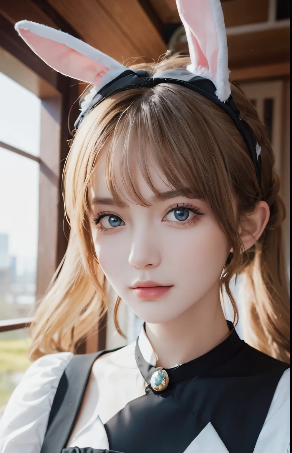 8K,highest quality,masutepiece:1.2),(Realistic,Realism:1.37),highest quality,masutepiece,beautiful,A pensive expression,charming、seductive appearance,Cute maid outfit,Hair tied behind the head, blonde,long hair,curls,blue eyes,background, light skin tone,Wearing a pink bunny ears headband,