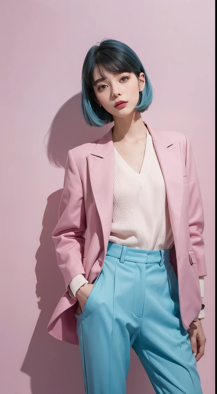 Vogue style photoshoot, Clarity, 4k, 8k, detail, actual, Beautiful Girl, wear pastle blazer, inner wear, pastle pants, black lips, pink and blue mullet haircut, Perfect body, thigh, stand, pose standing, medium chest, Wes Anderson style, pastle color background in Wes Anderson style