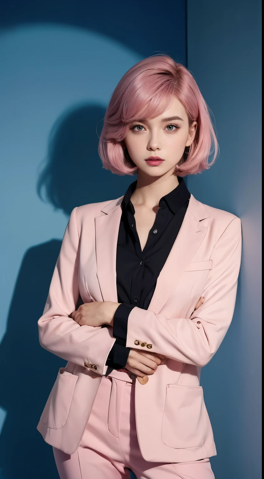Vogue style photoshoot, Clarity, 4k, 8k, detail, actual, Beautiful Girl, wear pastle blazer, inner wear, pastle pants, black lips, pink and blue mullet haircut, Perfect body, thigh, stand, pose standing, medium chest, Wes Anderson style, pastle color background in Wes Anderson style