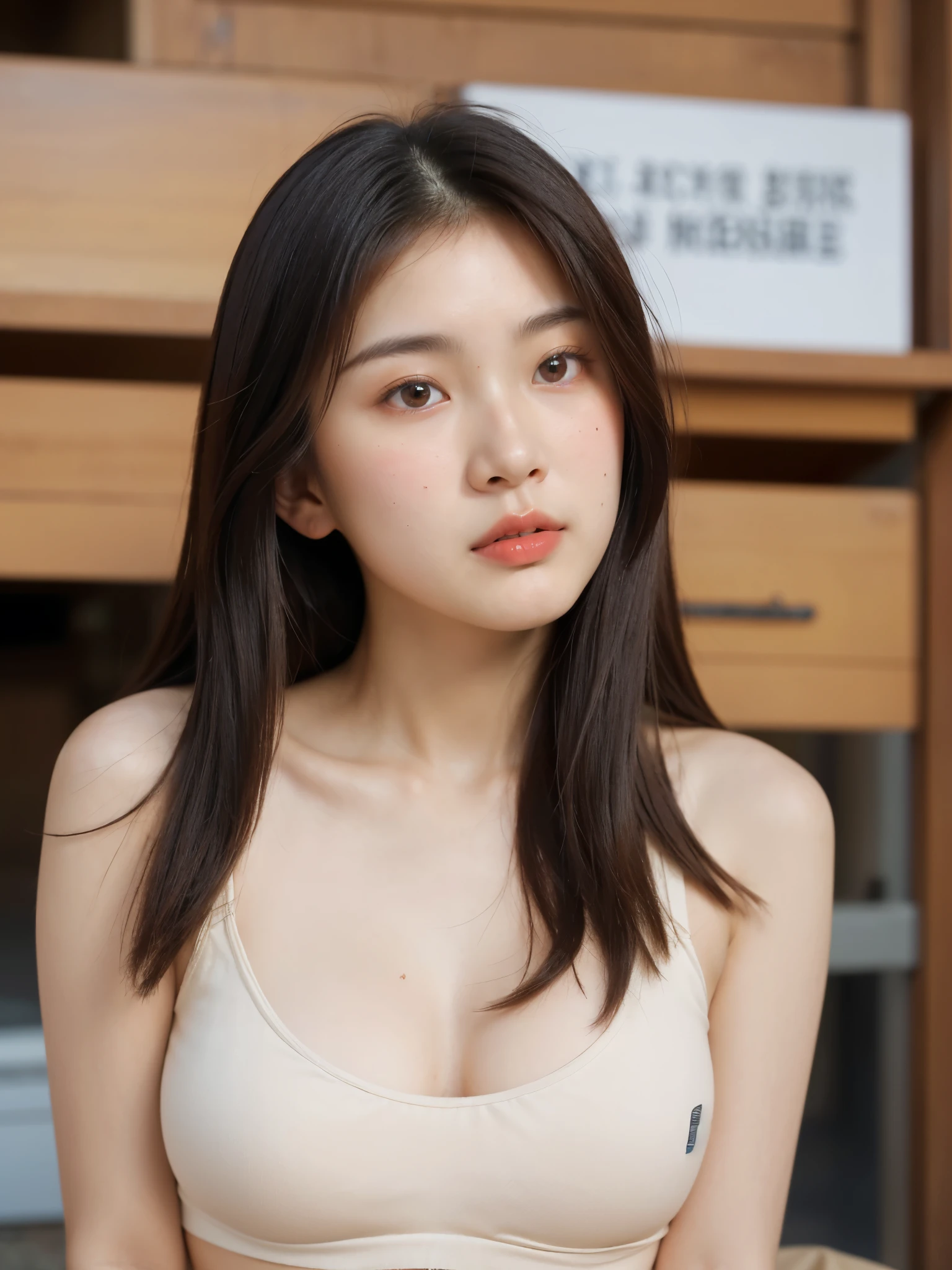 A superb exquisite real beautiful Korean girl, natural straight hair, extremely delicate, straight facial features, peerless beautiful girl, soft, dreamy quality, light white and dark brown, exaggerated facial features, solid color, frank holly, delicate face, bright lips slightly open, slender waist, soft curves, real light and shadow, super fine, 4k, natural moving, realistic, Ultra high resolution, ((at the street food)), (professional pose),(nsfw:1.4), (Topless camisole:1.4),(sitting in the street food shop:1.4), (her hand hiding), (((1 girl))), (various angle:1.4)