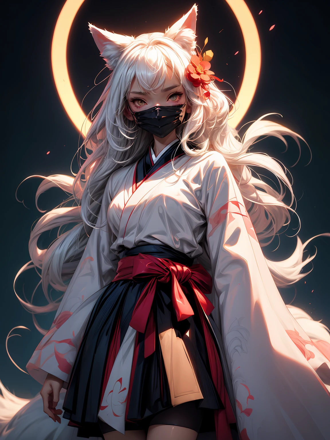 anime girl with white hair and a white mask on her face, with kitsune mask, kitsune mask on head, detailed digital anime art, digital anime art, kitsune mask, anime art wallpaper 4k, anime art wallpaper 4 k, anime art wallpaper 8 k, white fox anime, artwork in the style of guweiz, beautiful anime catgirl