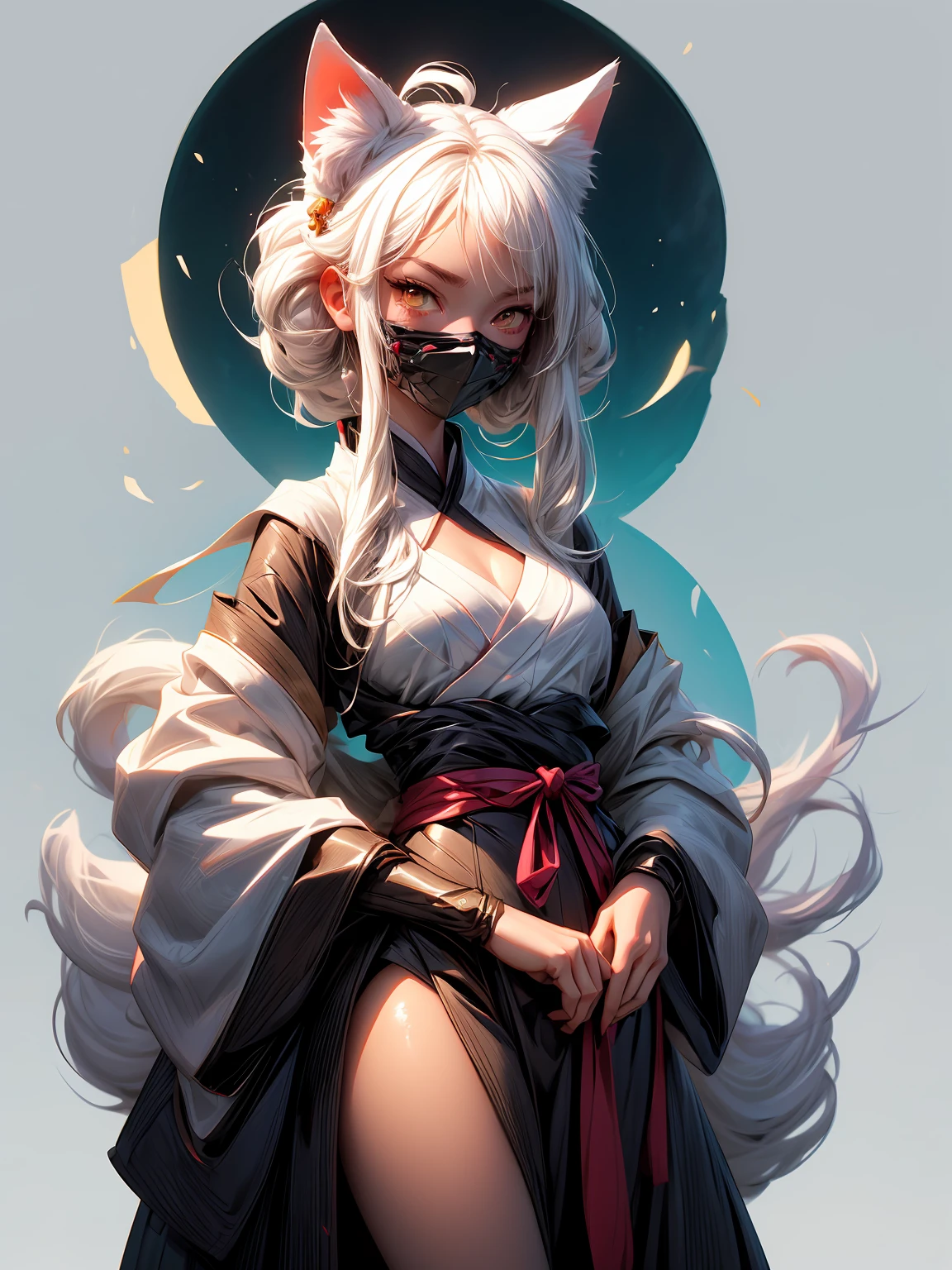 anime girl with white hair and a white mask on her face, with kitsune mask, kitsune mask on head, detailed digital anime art, digital anime art, kitsune mask, anime art wallpaper 4k, anime art wallpaper 4 k, anime art wallpaper 8 k, white fox anime, artwork in the style of guweiz, beautiful anime catgirl