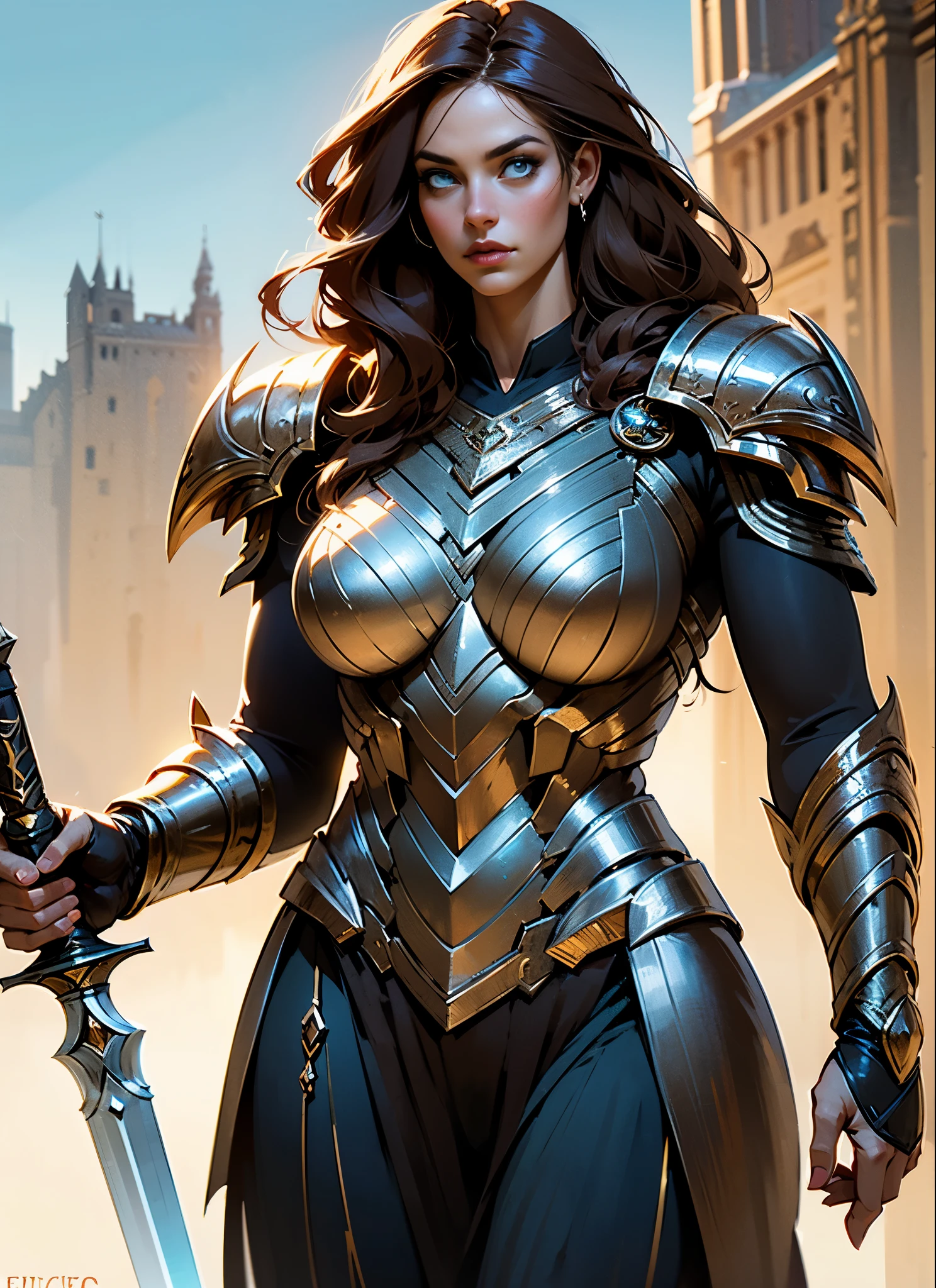 Alison Tyler as a Asgard valkyrie,blue eyes, long brown hair, perfect body, Senhora Cavaleiro,Anatomia correta,holding a magical big sword, epic fantasy digital art, masterpiece,8k,high-definition resolution,desenho detalhado,Qualidade Superior,, Epic composition