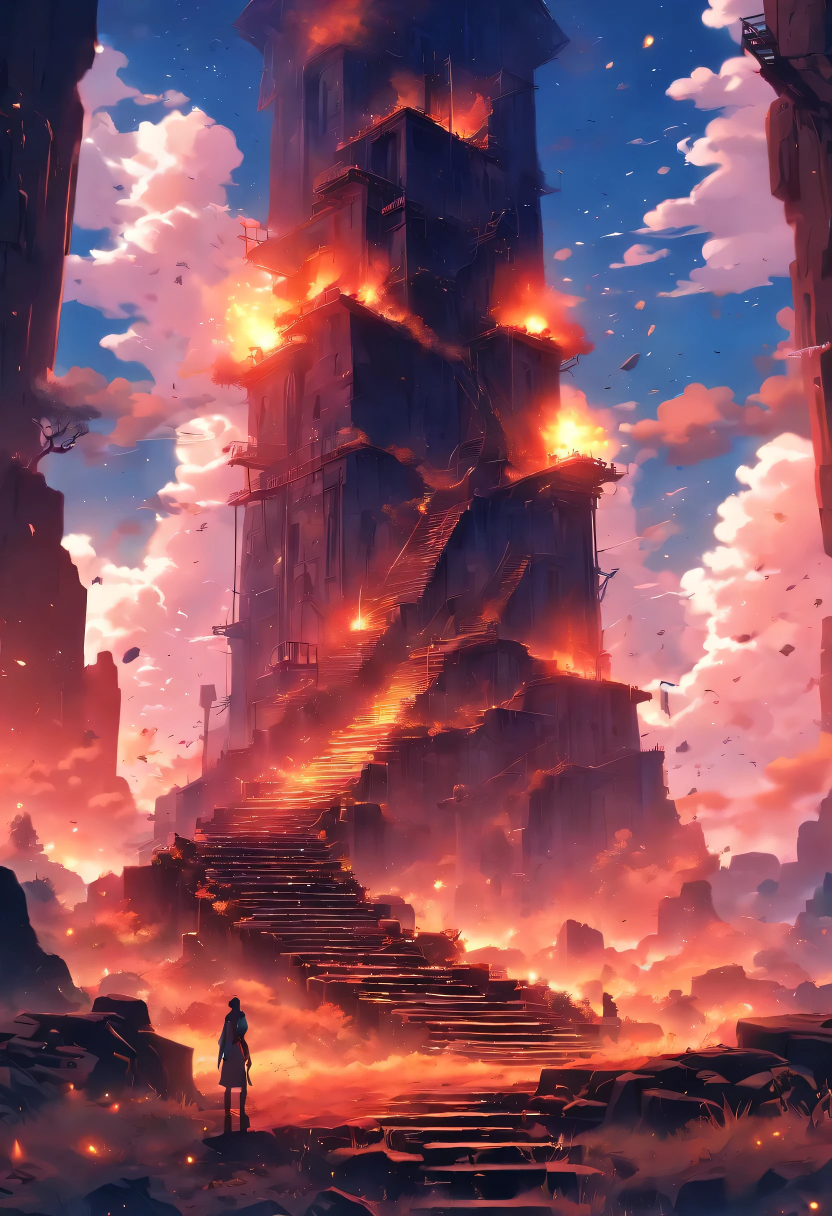 (best quality, 4k, 8k, highres, masterpiece:1.2), ultra-detailed, realistic:1.37, HDR, studio lighting, extreme detail description, professional, vivid colors, bokeh, oil painting, ruins, apocalyptic, contrasted lighting, eerie atmosphere, intense emotions, chaotic, monument valley, shattered glass, cracked ground, crumbling stairs, firelight reflections, debris, dust particles, surreal, post-apocalyptic landscape