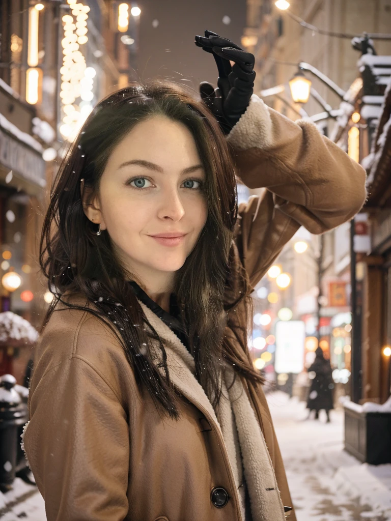 hair flying in the wind, wearing a brown mink coat against the backdrop of the evening city, lantern lights, metropolis street, evening, snowfall, winter, black leather gloves