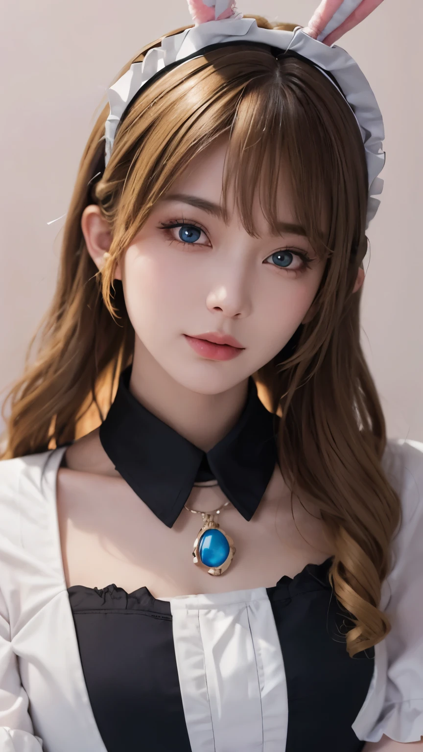 8K，highest quality，masutepiece：1.2），（Realistic，Realism：1.37），Photograph the upper body，highest quality，masutepiece，beautiful，A pensive expression，charming、seductive appearance，Cute maid outfit，Hair tied behind the head, blonde，blond，long hair，curls，blue eyes，background, light skin tone，Wearing a pink bunny ears headband，