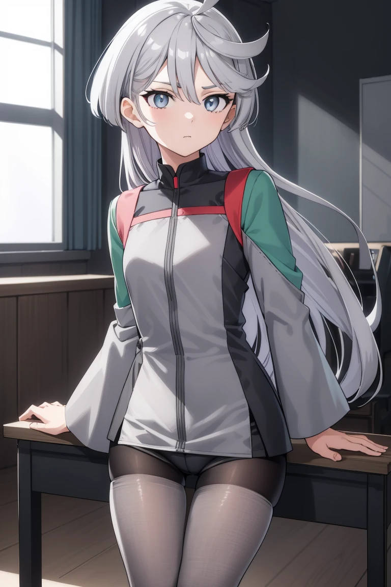 Miorine Remblanc, Mioline Remblanc, Ahoge, (gray eyes:1.5), gray hair, hair between eyes, (long hair:1.25), flowing bangs,
break asticassia , front-Legwear with seams, green Jacket, green shorts, Jacket, long sleeve, pantyhose, pantyhose under shorts, , Legwear with seams, shorts, Shoulder board, flowing bangs, wide sleeve,
break looking at viewer,
break indoors, classroom,
break (masterpiece:1.2), highest quality, High resolution, unity 8k wallpaper, (figure:0.8), (beautiful and fine eyes:1.6), highly detailed face, perfect lighting, Very detailed CG, (perfect hands, perfect anatomy),