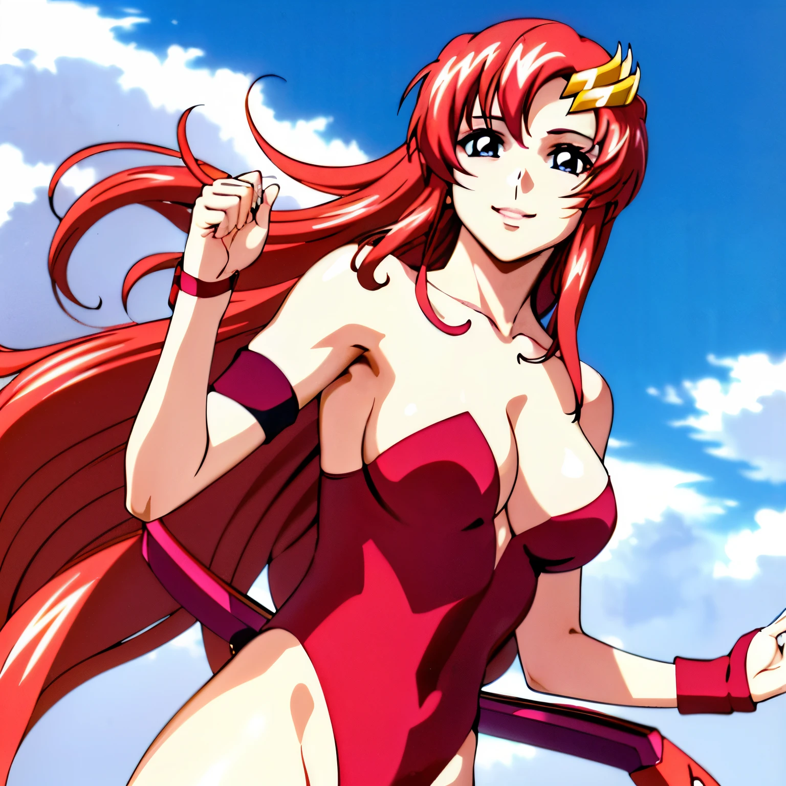 (masterpiece, upper body view, (bare shoulders), leaning back, 4K, Best Quality, Anime style: 1.9, happy, Adult Woman, ultra detailed face, (cloud background, white skin), Drawing lines, high resolution, Anime, lacus4), 1girl, Solo, curvy figure, Long hair, 鎖骨, scapular, (Detailed wide hair bangs, Hair Ornament, Detailed reddish-pink hair, shiny streaks, slim arms, golden crest), cleavage, large hands, (female wrestler). (Big blue eyes, shiny eyes), ((female wrestler, (slim body), little biceps, slim arms, closed fists, thighs)), ((perfect proportions, medium breasts, long belly)), (((strapless, crimson strapless leotard, crimson strapless leotard, arm band, neck band))), happy, smile, (standing, looking at the viewer), detailed fingers, (bare shoulders)
