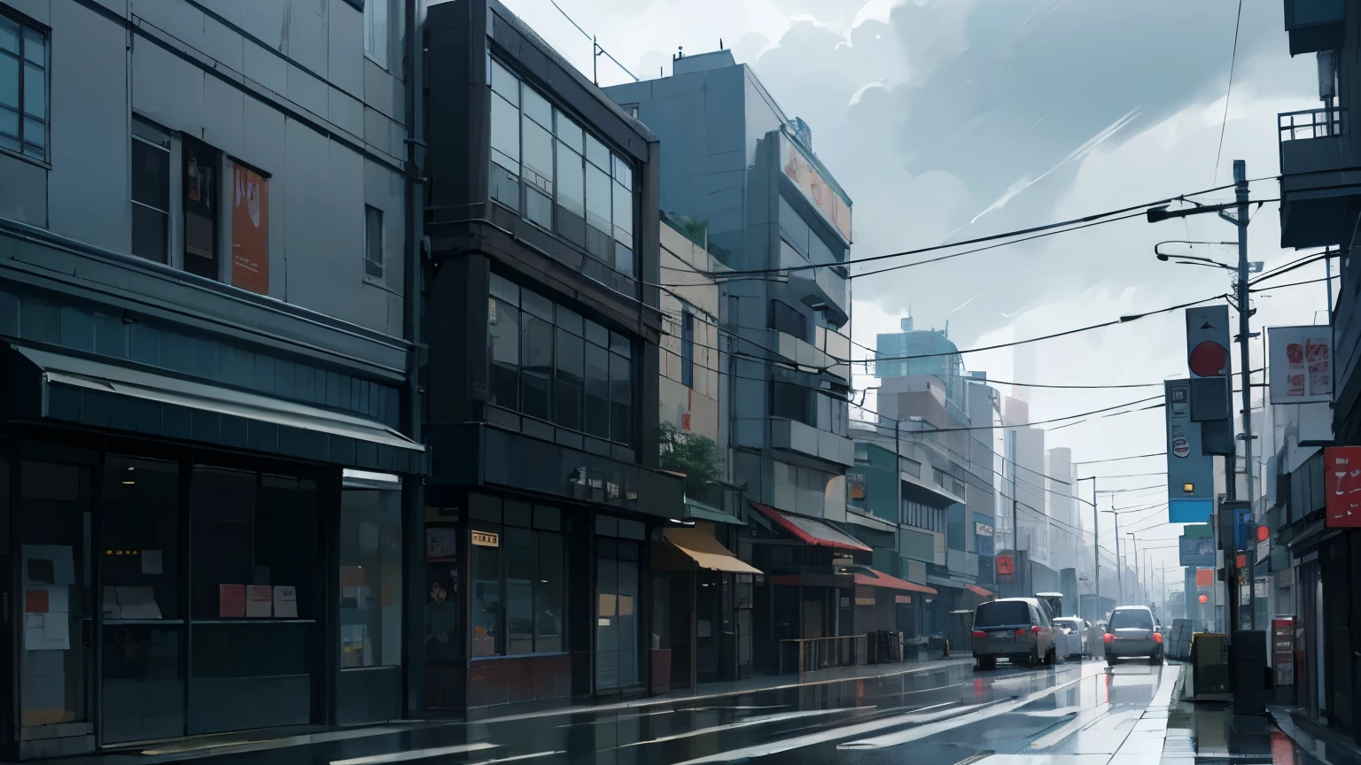 A street with a row of shops,doomsday scene dark weather,Two-dimensional style,Japanese animation style