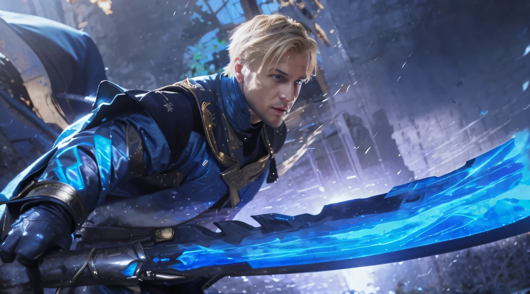 The image features a blonde man dressed in blue and black, holding a large sword with both hands. He is wearing a cape and appears to be the main focus of the scene. In addition to the man, there are several birds visible in the background, adding more depth to the image.