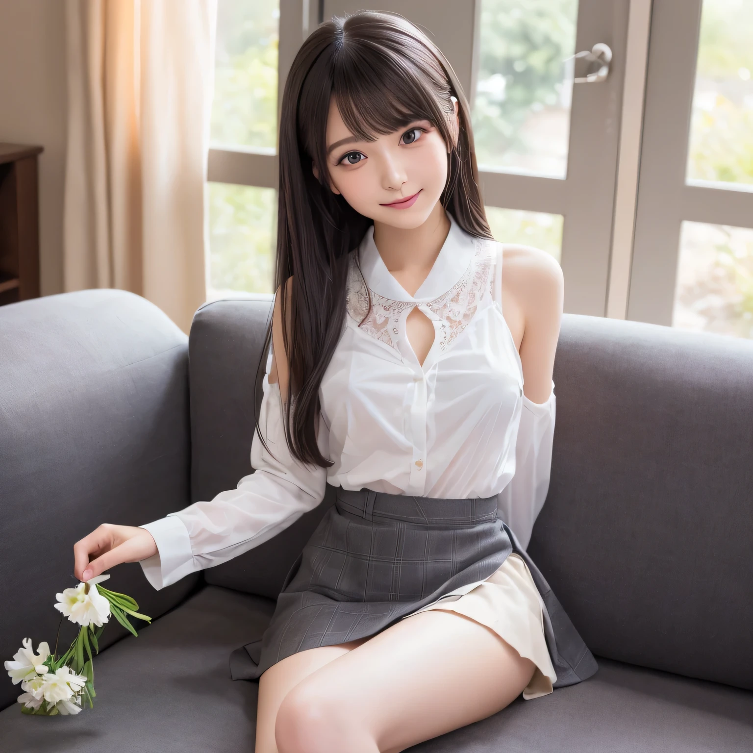 on the table, best quality, illustration, Super detailed, fine details, high resolution, 8k wallpaper, Perfect dynamic composition, Beautiful and delicate eyes,whole body摄影,show your whole body、collared shirt、mini skirt,thin and transparent、long gray hair, Bold sexy pose,Smile,Harajuku、20 year old girl、Eyeliner、beautiful bangs、hair between eyes、((masterpiece、top quality、Super detailed、movie light、intricate details、high resolution、Very detailed))、background for this、8 kood、digital SLR、soft light、high quality、film grain、富士XT3 、shallow view deep、natural soft light、Kamimei、See the knees, set on sofa,Look at the sexy shots of the lens、Above the legs、whole body、Vest、suit、 铅笔mini skirt、Holding a bouquet of flowers、side view