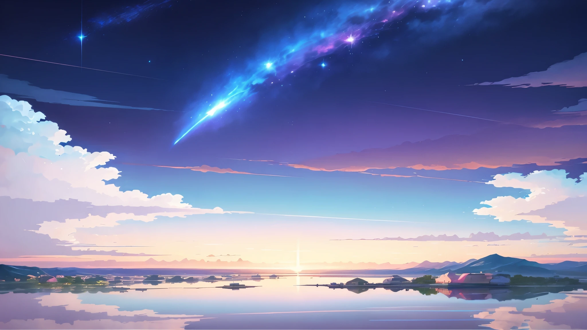 Shooting a painting of shooting stars over the lake, there are two shooting stars, pink and blue shooting stars. The blue sky, the pink-purple lake surface, has a layered color transition. You name it movie style, anime backgrounds, anime movie backgrounds, perfect reflection effects, anime sky, amazing wallpapers, vibrant colors, vibrant colors, bright colors. You name it, colorful anime movie backgrounds, anime clouds, no houses, no buildings, no humans. There are no ships. Beautiful anime scenes, anime background art, cosmic sky. Author: Makoto Shinkai, ufotable art style, anime beautiful peaceful scenes, atmospheric anime
