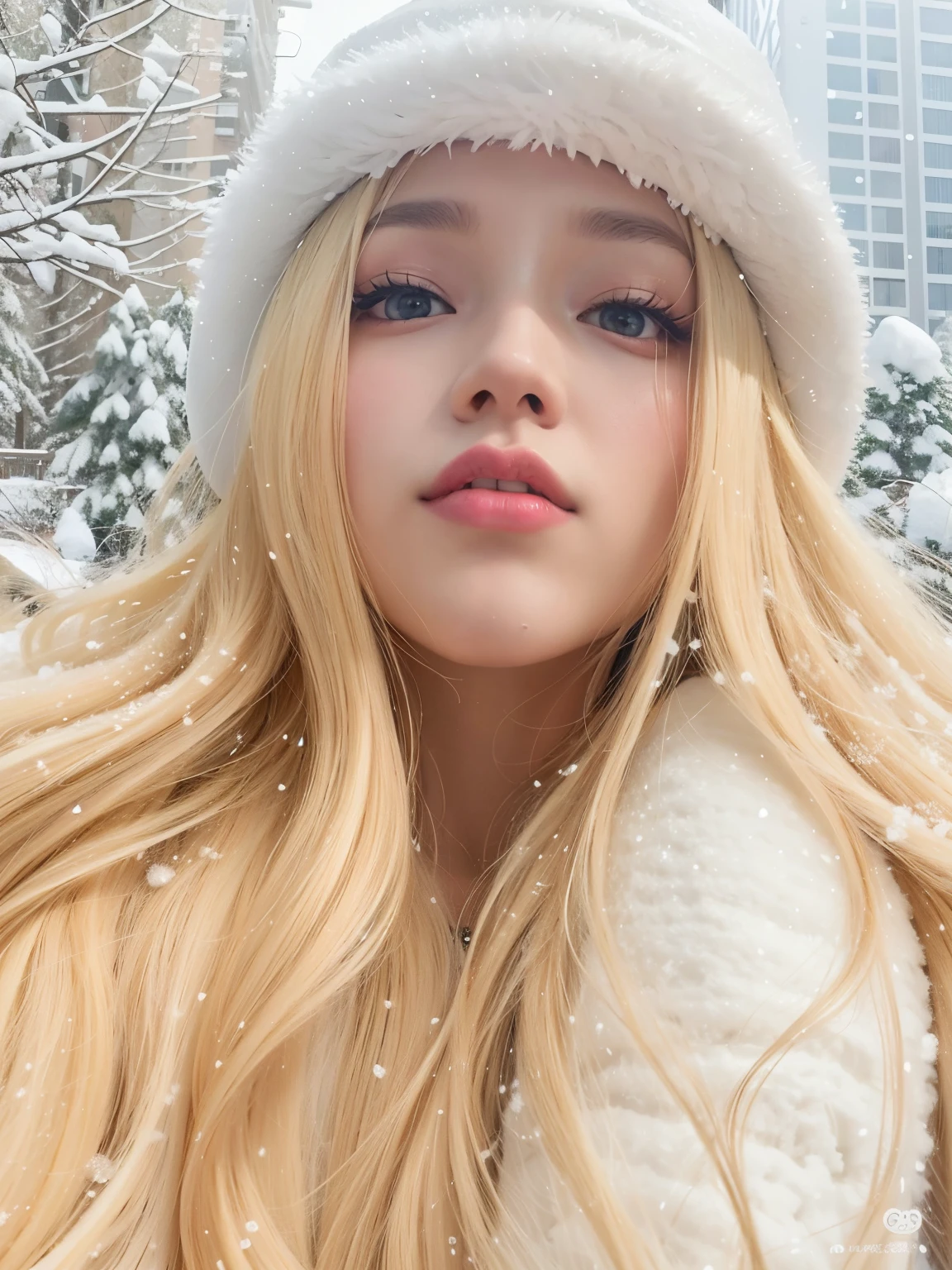 blond girl with long hair wearing a white hat and coat, roseanne park of blackpink, jossi of blackpink, in snow, lalisa manobal, lalisa manoban of blackpink, with white long hair, in the snow, portrait of jossi of blackpink, ava max, very long snow colored hair, with long white hair, blackpink jennie