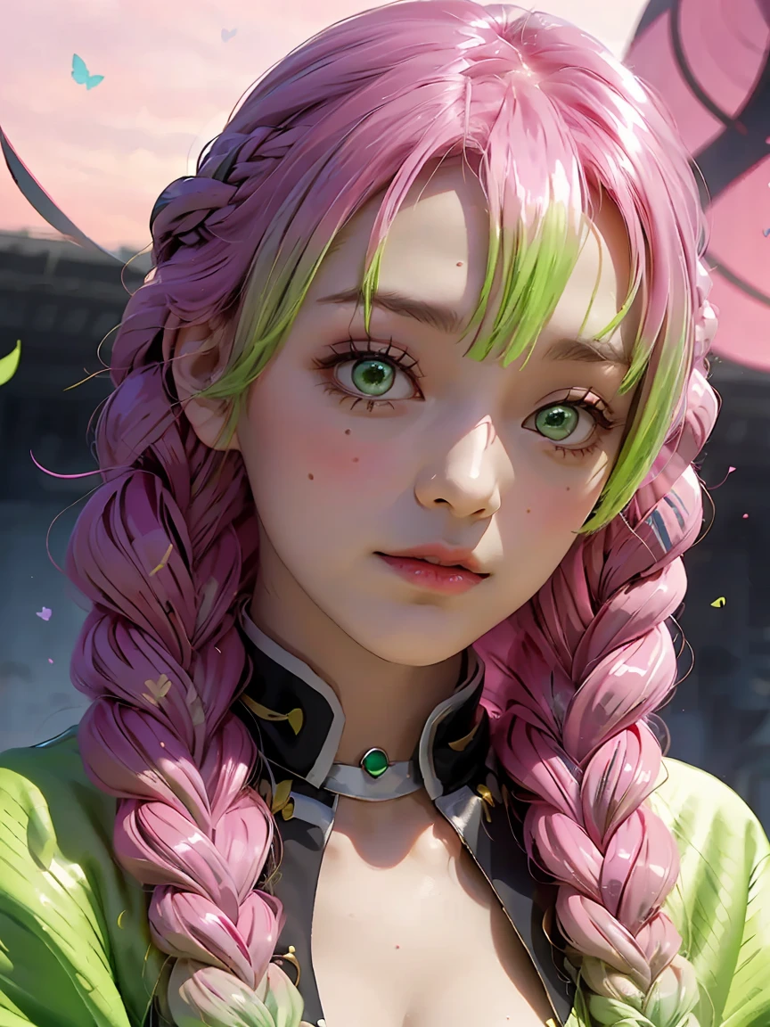 kanroji_mitsuri、1girl (Master peace、) (sthe highest qualit)(Shiny hair)(Glossy skin)、(gradation hair、GREEN、pink hair、Braids:1.2)、,dynamic pose 🦋✨️❤️💜💗✨️