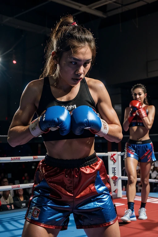 original) , (very detailed wallpaper) , (best quality) , (masterpiece) , photographic reality, realistic, very detailed illustrations, (2 girls) , Indonesians, (serious faces) , perfect detail, (best lighting) , (super complex details) , (young boxing girls), both wearing protective boxing helmets) , (aggressive punching to each other) , brutal fight, sweat, heavy breathing, (oppressive attack) , (boxing ring) , athletic shorts, boxing helmets on, perfect detail, boxing gloves on, protective helmets on (red and blue protective boxing helmets: 1.3), perfect limbs, impact, (shiny skin) , abs, muscles, waistline,boxing shorts, boxing fight, boxing arena, intense boxing fight, (super detailed CG: 1.2) , (8K: 1.2), realistic image, octane rendering