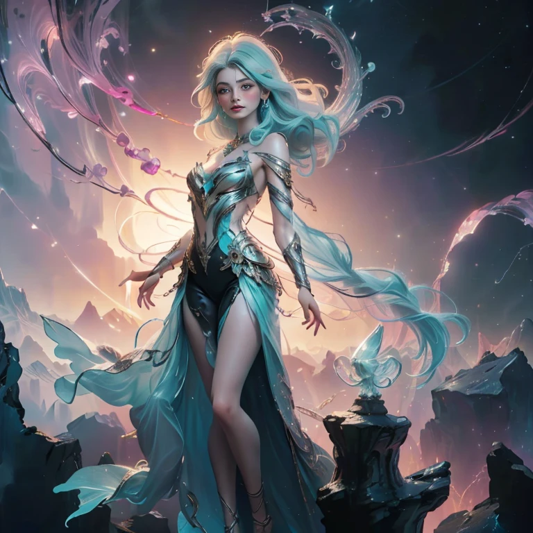 white background, full body of a ethereal fairy with pink and turquoise sparkling skin, cartoon 3d character, in the style of realistic hyper-detailed portraits, aiia koshkin, jasmine becket-griffith, daniel f. gerhartz, wendy froud, and brian froud --stylize 250 --v 6.0