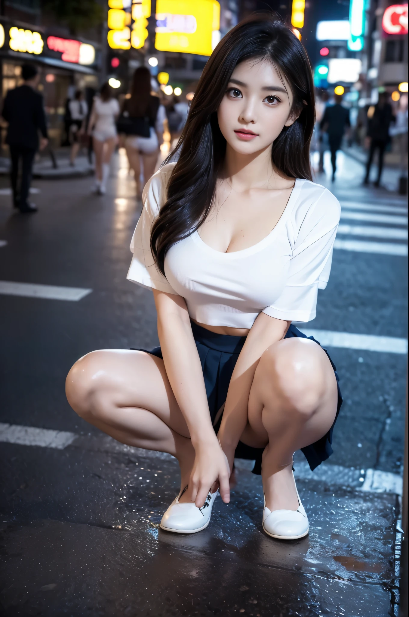 (Super beautiful)、(beauitful face:1.5)、(A detailed face:1.5)、Clear pubic contours,spreads her legs、(Office Lady Suit)、(Dressing)、(white panties)、high-heels、(People coming and going々And on the sidewalk of the road at night:1.2)、At SFW