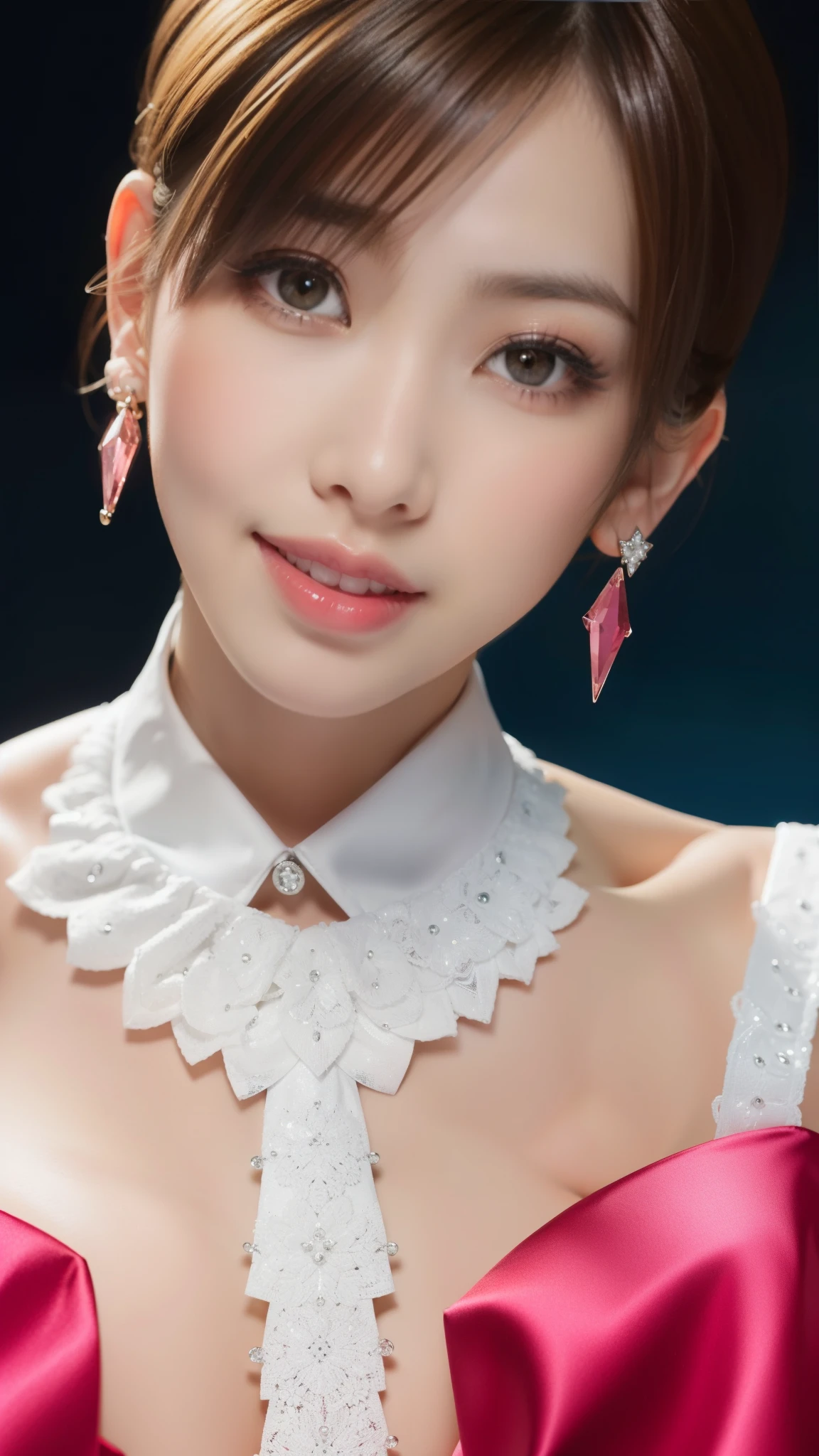 Photo taken by a professional photographer,8K, table top, RAW photo, highest quality, realistic, Highly detailed CG Unity 8K wallpaper, Depth of bounds written, cinematic light, Lens flare, ray tracing, (very beautiful face, beautiful lips, beautiful eyes), face with intricate details, ((super dense skin)) 1 girl, in the dark, deep shadow, cute korean girl, Flashy makeup with red eyeshadow,her shortcut, Delicate light brown hair is slightly disheveled with side waves.,wearing large ring earrings,K-POP idol, 1 girl, (very slim and slender fit muscular body:1.3), ((looking at the viewer)),(big smile:1.3), (magenta and black blouse), (sleeve fashion city night, dark night, (neon sign), (blurred background), fashion street night),(no people in the background:1.3), beautiful earrings, bracelet, necklace, pantyhose, clear eyes, walk, (white skin), (big eye ace forward, ((upper body shot)), ((silk color dresses:1.3)),(brown hair),((tight fit lace dress)), (See through), (looking at the viewer:1.3) open chest, very slim, medium breasts, backtracking,((buckshot)), See through, Medium Butt, mini skirt, updo hair, ((spread the thighs))