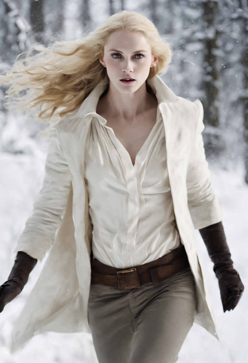resemble carlisle cullen an albino female vampire pale skin white clothes super white running in the snowy forest open fields of snow