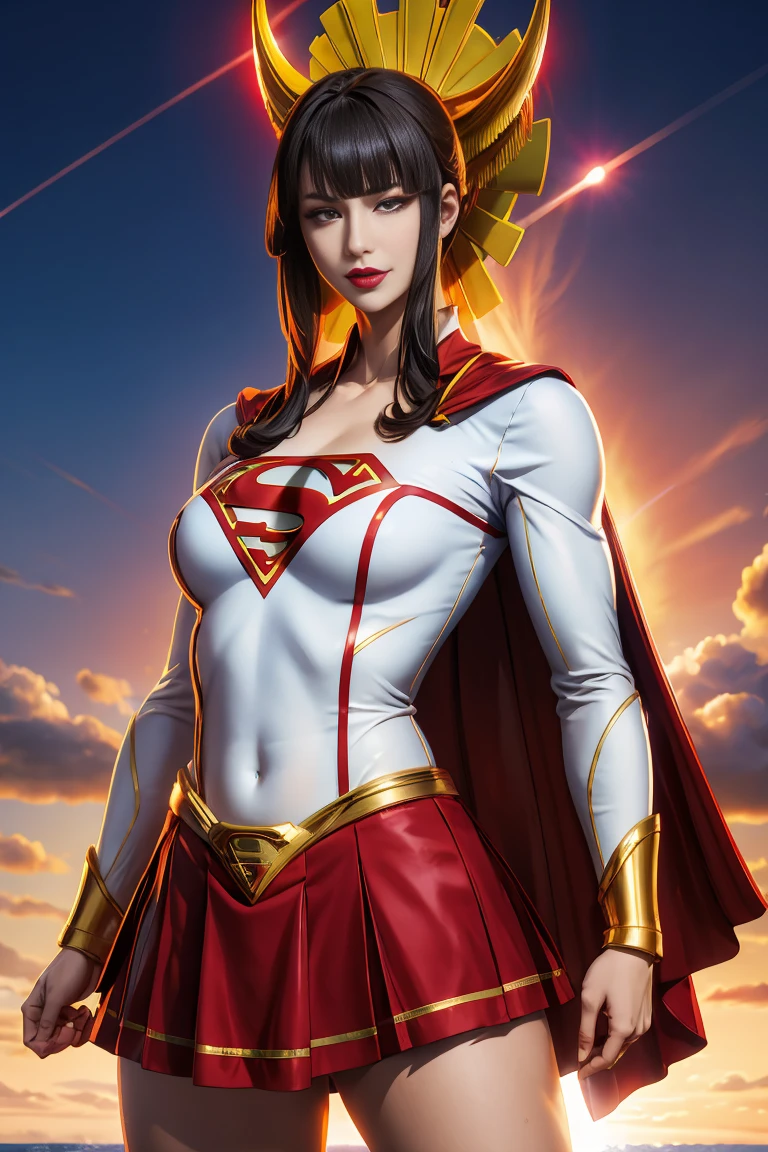 Full body picture：(masterpiece:1.2, best quality),(Very detailed)，individual。1 female,Become a，Full body picture，Superman (Miss, Superman Glossy enamel costume in white with red and gold details) From DC Comics,cameltoe pussy，Tall figure，Long legs，muscular,((Gold Metal Squadron Uniform)),((Galaxy Flash in the background))