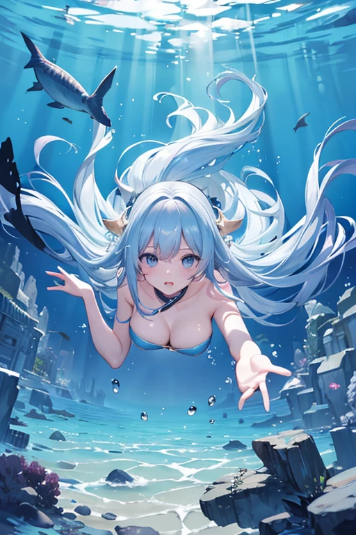 underwater, submerged, empty, swimming, breasts, (diving:1.2),joy, floating hair, fish,
(best quality,masterpiece:1.3),absurdres,highres,8k, ultra high res, official art,illustration,extremely detailed,