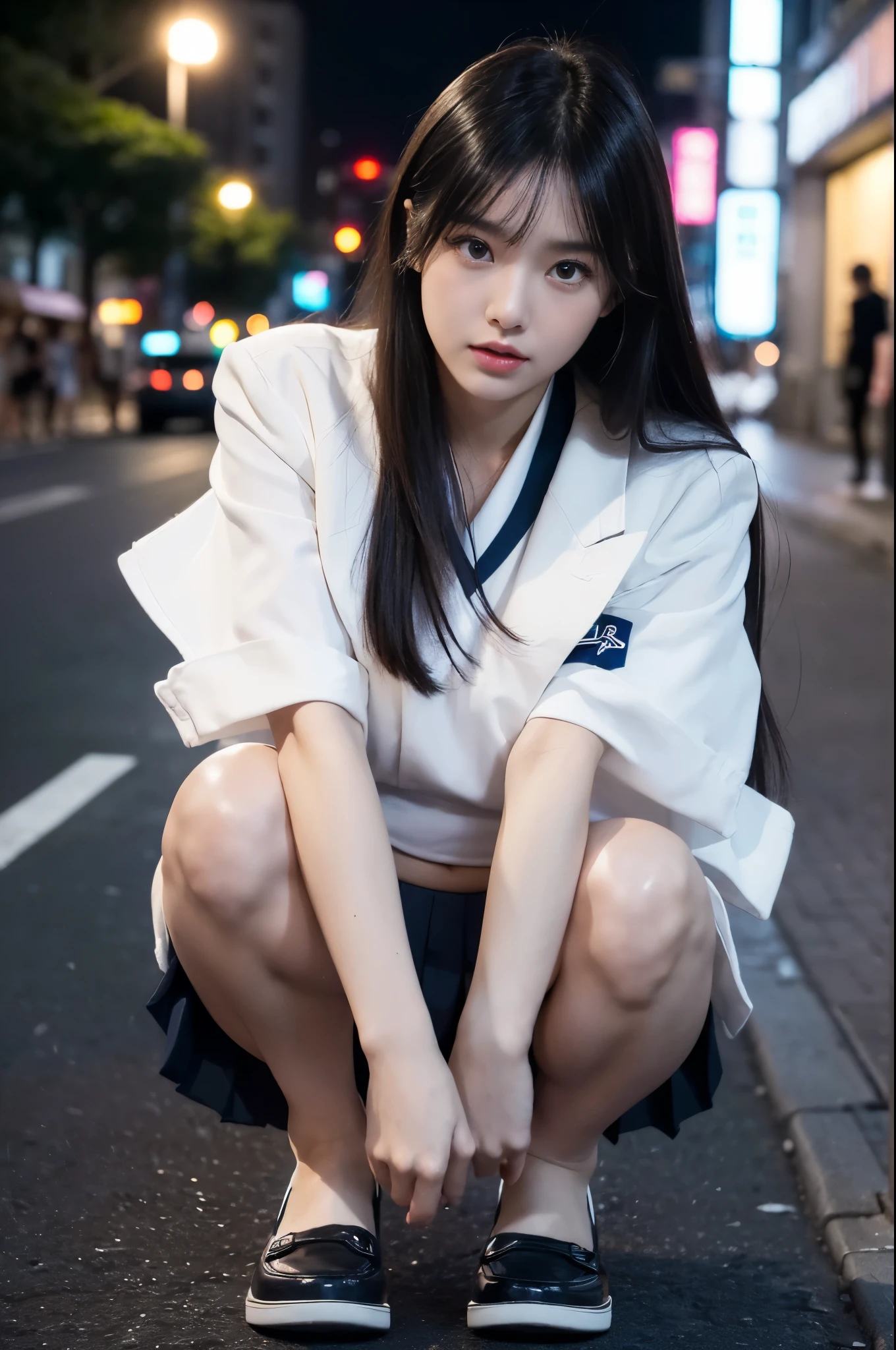 1womanl、(Super beautiful)、(beauitful face:1.5)、Clear pubic contours、Squatting、Spread your legs、(white  panties:1.4)、(high-school uniform)、(Dark blue pleated skirt)、(Wear black loafers)、(Sidewalk in Shibuya at night)、Neon sign、(At SFW:1.1)