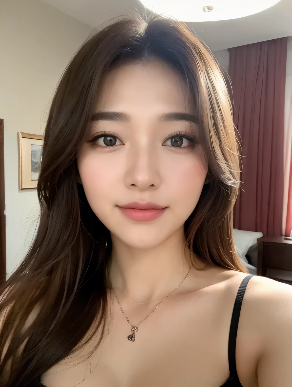 ((Best Quality, 8k, Masterpiece: 1.3)), Beauty Sleeping in Bed (1.3), Good Night, Night, Focus Clear: 1.2, Outstanding Beauty in Style: 1.4, Breasts about to spill: 1.2, ((Brown hair, big breasts: 1.2)), In a Western-style room, only pendant light light, cleavage visible, very detailed face and skin texture, detailed eyes, double eyelids, Smile (1.3) no Makeup, portrait, hyper-realistic