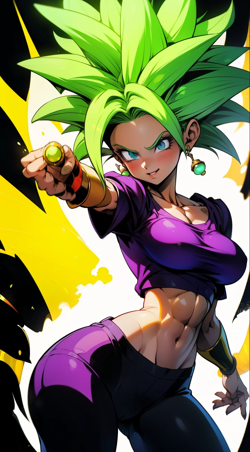 ((Black line work)), detailed line work, slendered abs, ((masterpiece)), ((proportion Aurea)), ((Dynamic)), ((natural)) ((best quality)), ((ultra-detalhado)), ((kefla dragon ball super)), {1mulher}, {neon green hair}, {super sayajin}, {style dragon ball super character}, olhos azuis, {{sexy}}, seios grandes , (roupa casual), {pubic_tatuagem, tatuagem brilhante}, {{anatomia perfeita}}, {{scenecy: jardim fantasy}}, {fundo com desfoque}, mudo, Bottom-up view, perfeito:1.2