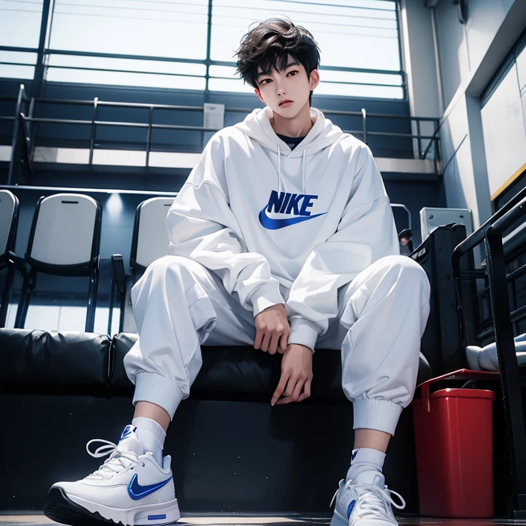 1 Korean young men,male,20 years old,High,Height is 180 cm,Hair is medium length,White sweatshirt,white pants,Nike shoes,White sport socks,Sit on the basketball court,legs open,Badass anime 4k ,POV perspective,Proud,Cold,looking into camera