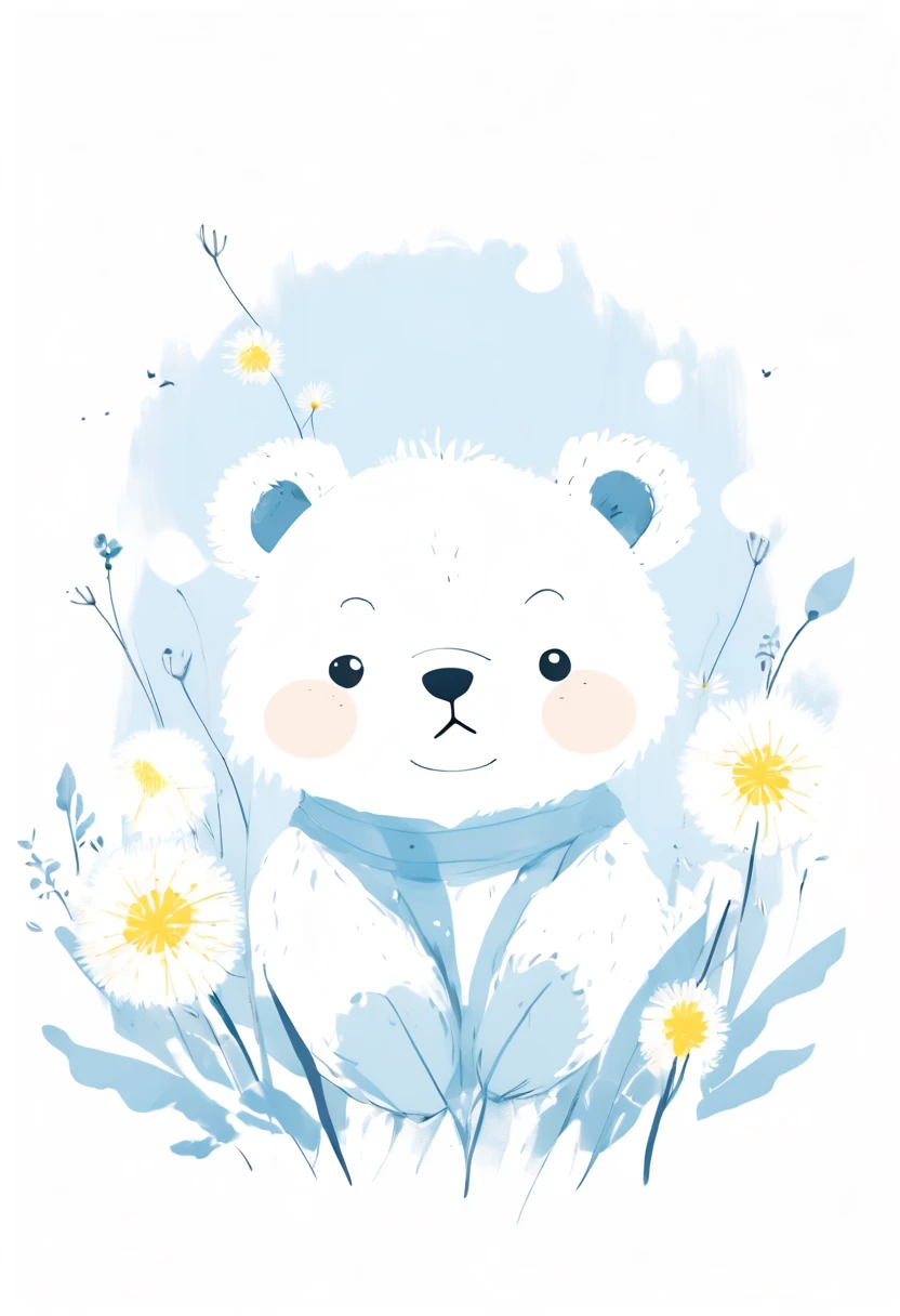 a cute bear, dandelion, cute, in the style of minimalistic drawings, ultrafine detail, light, bright blue, white background, creative commons attribution, mori kei, painted illustrations, serene faces