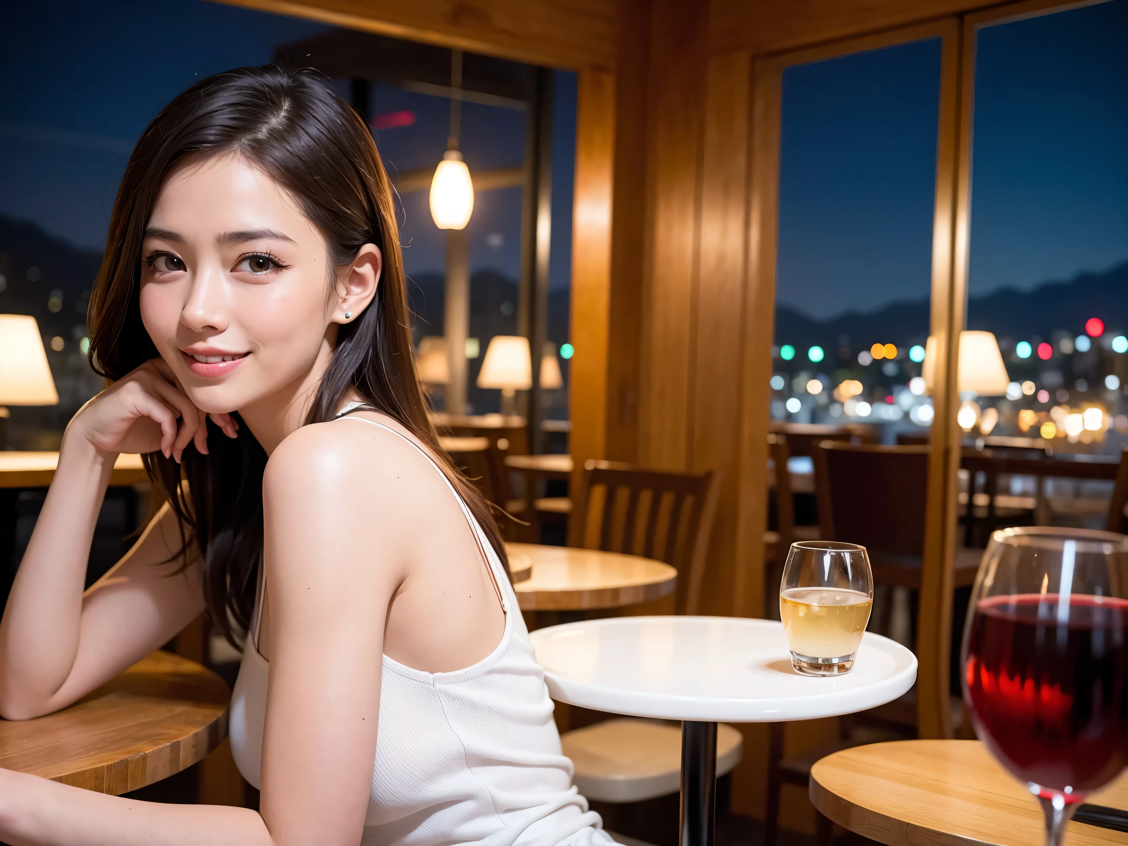 (including 64k, nffsw, highest quality, table top: 1.2), (realistic, photorealistic: 1.37), Colombia、Brazilian、Japanese、Dutch、German、Portuguese、Belgian、Italian、french, (slimフェイス), (slimボティ), (brown hair), (shortcut), cheeks blush a little, (35 years old), 38 years old, alone, 窓の外には美しく緻密なnight景が広がります., restaurant, wine glassが座っている, nightに, in a prominent place (from the Upper body) nova frog style, actress, model, Upper body, White wine, slim, wine glass, Super Clean night View, wine glass Put in the Middle, Happy smile, (smile: 1.15), beautiful and detailed eyes, Upper body, bust japan up, night, short, short, actress, model, Upper body, White wine, slim, wine glass, Super Clean night View, wine glass Put in the Middle, Happy smile,