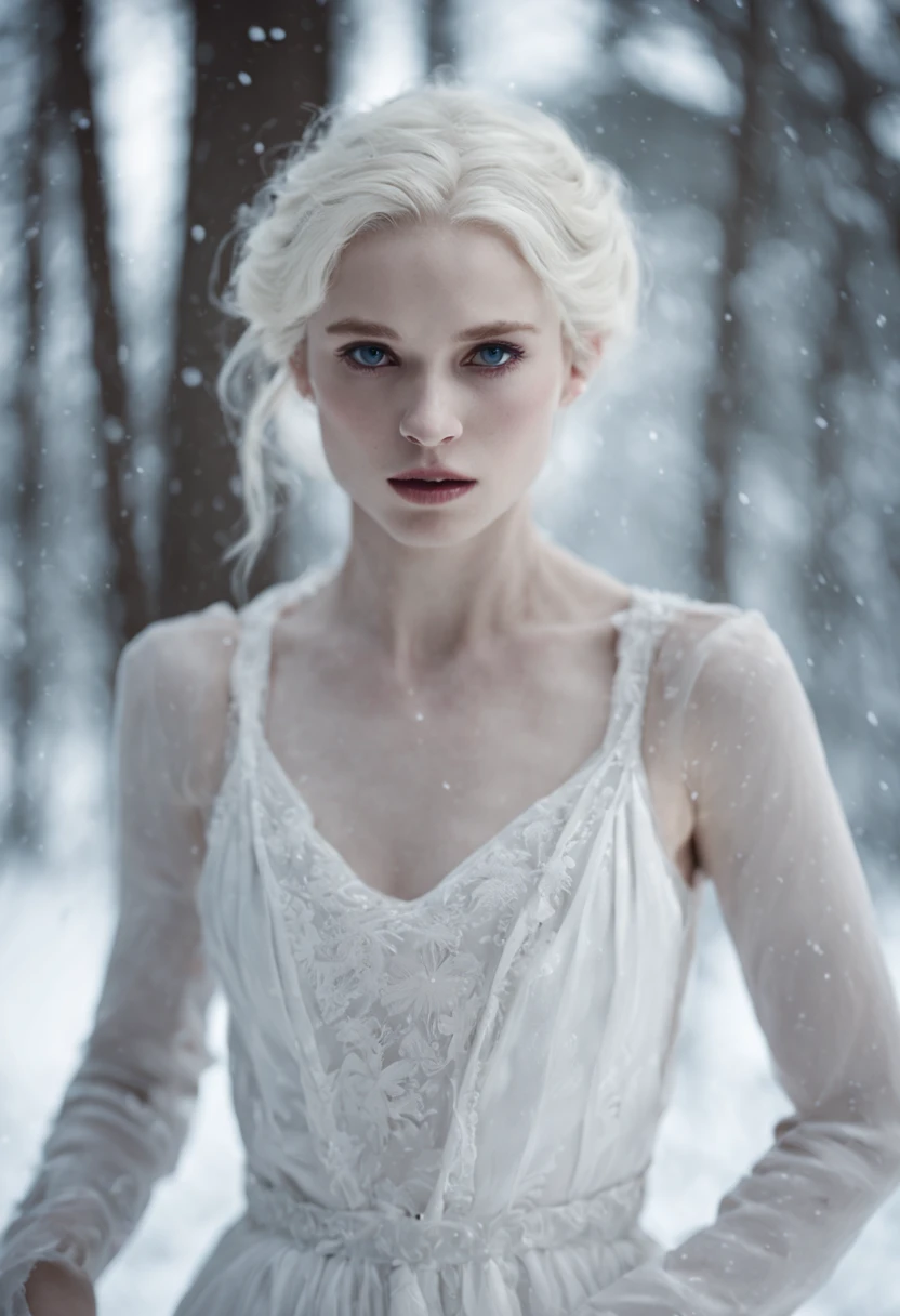 resemble carlisle cullen an albino female vampire pale skin white clothes super white running in the snowy forest open fields of snow female face feautures clothes white summer dress