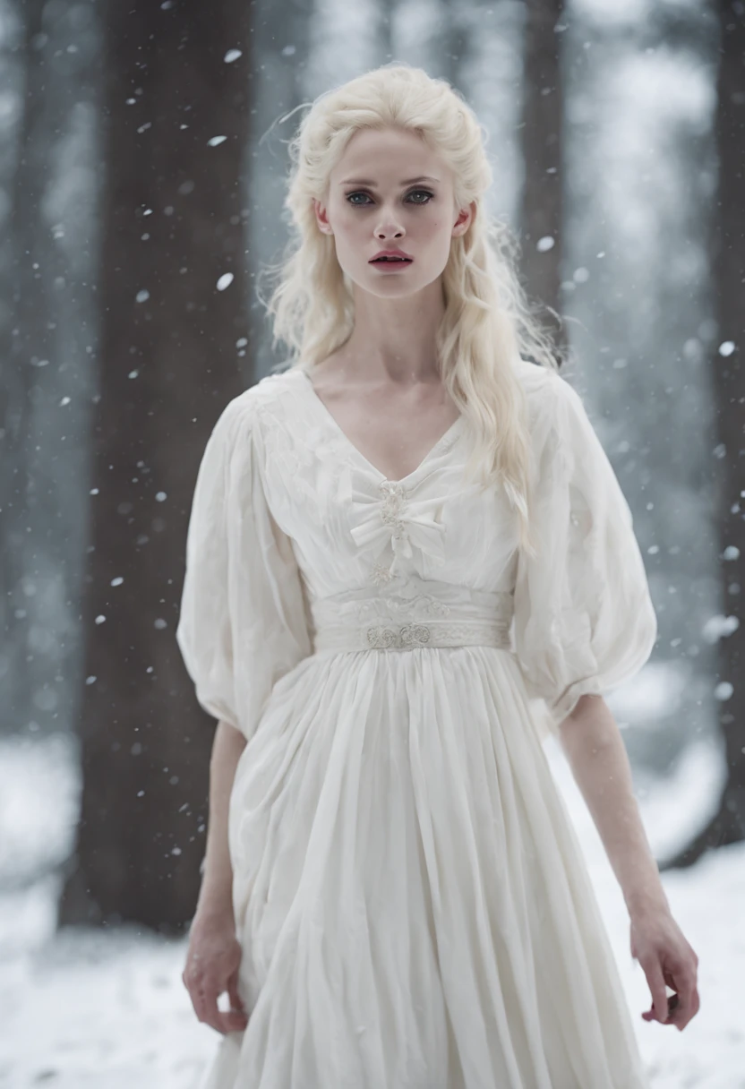 resemble carlisle cullen an albino female vampire pale skin white clothes super white running in the snowy forest open fields of snow female face feautures clothes white summer dress