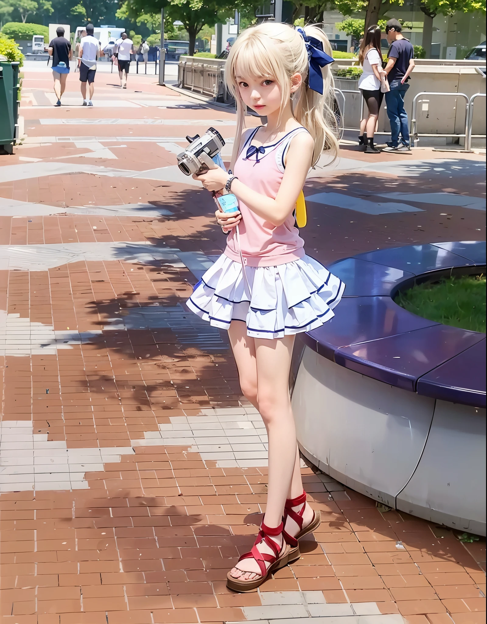 Nao tomori, charlotte, girl, twenies, white ponytail hair with navy blue ribbon, blue eyes, pink tank top with red ribbon, white bracelet, white skirt, yellow totebag, holding handycam