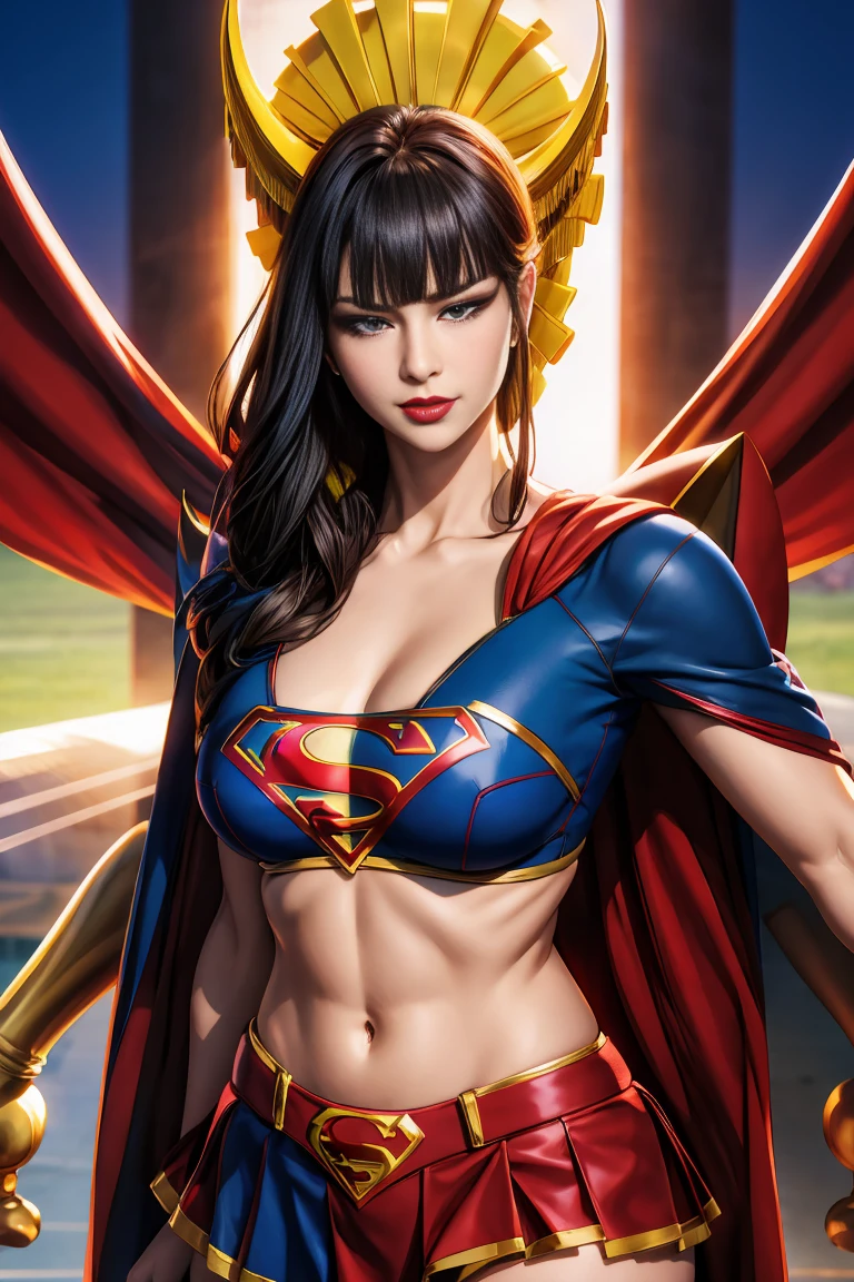 master part, best quality, pose sensual, sexy, SShutaraV4, 1girl, sozinho, olhos detalhado, leve sorriso, cabelos longos, franja, blunt franja, cabelo sidelocklack eyelack:1.4), seios enormes, maquiagem, batom, red batom, Supergirl, red cape, S do super-homem no peito, blue swimsuit, Red skirt, botas vermelhas, Sunset, ao ar livre, mar, water, areia,realismo, master part, pele texturizada, Super Detalhe, High detail, alta qualidade, melhor qualidade, 1080P, 16k, realista, 8k, Cinema 4D, Artgerm extremamente detalhado, [ Arte Digital 4K ]