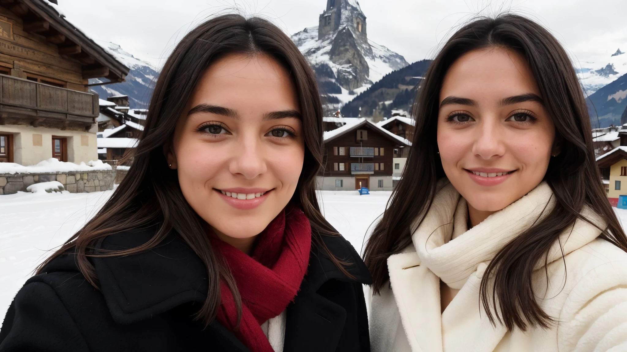Instagram pictures, One French Girl, Shoulder length hair, black hair, Close-up photo, coat, The background is the village of Zermatt, Switzerland, smile a little,