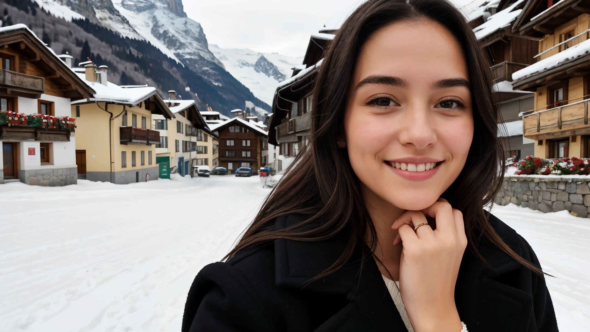 Instagram pictures, One French Girl, Shoulder length hair, black hair, Close-up photo, coat, The background is the village of Zermatt, Switzerland, smile a little,