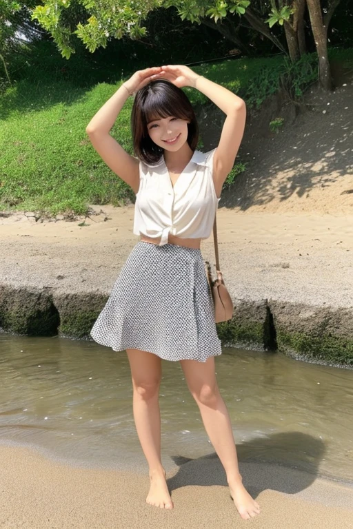 highest quality、8k、No makeup、masterpiece、Ultra-high resolution、Clear photos、Realistic、Professional Lighting、Natural light、Very cute girl、smile、Large erect nipples:1.8 、Ultra slim、Tight waist、Slender body、Thin legs、Brown Hair、smile、field、Under the blazing sun、Wearing a white pleated mini skirt:1.6、Wearing a white tank top:1.8、Very Short Bob Cut、Brown Hair、Jump towards the camera:1.8、Jump High:1.8、Skirt flips up:1.8、White panties are visible、Full body photo:1.4