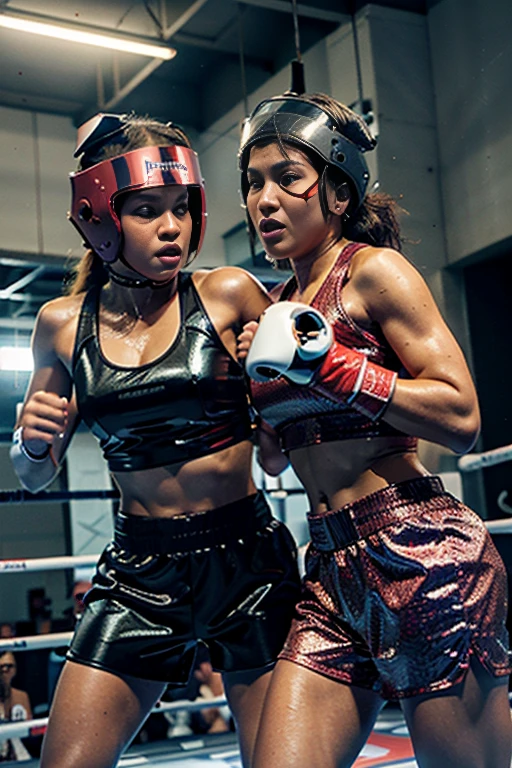 (original) , (very detailed wallpaper) , (best quality) , (masterpiece) , photographic reality, realistic, very detailed illustrations, (2 girls, 18 years old) , Indonesian female boxers, dark skinned,  (serious faces) , perfect detail, (best lighting) , (super complex details) , 
 (Professional boxing girls) , (boxing helmets on: 1.3), (aggressive punching to each other) , heavy sweat, heavy breathing, (oppressive attack) , (boxing ring) , (both boxer wearing protective boxing helmets: 1.3), athletic shorts,  perfect detail, boxing gloves on, perfect limbs, impact, (shiny skin) , abs, muscles, waistline,boxing shorts, realistic boxing fight, boxing fight to the death, (boxing arena: 1.3), fight on a big boxing event, (super detailed CG: 1.2) , (8K: 1.2) , realistic, octane rendering