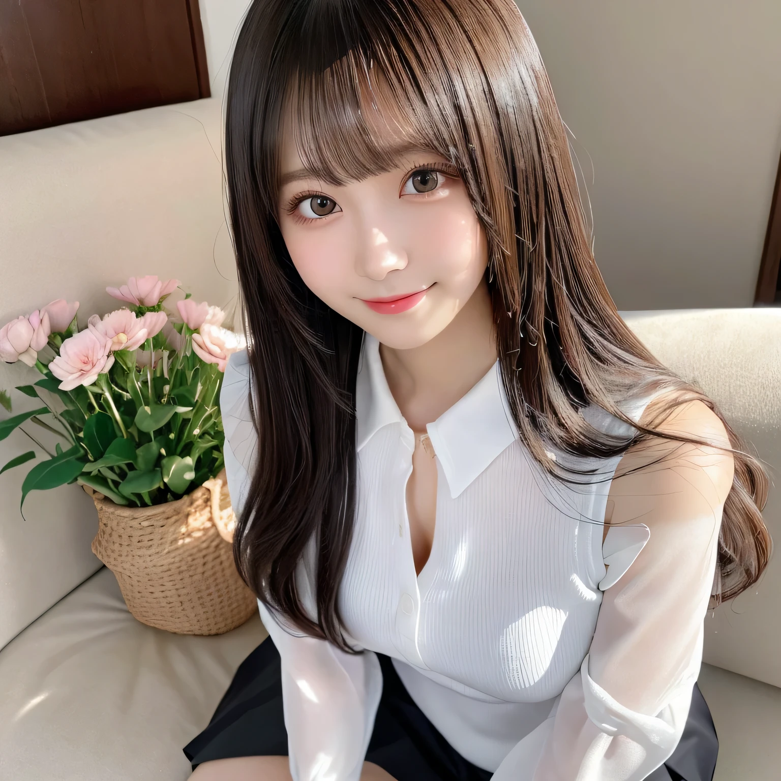 on the table, best quality, illustration, Super detailed, fine details, high resolution, 8k wallpaper, Perfect dynamic composition, Beautiful and delicate eyes,whole body摄影，show your whole body、collared shirt、mini skirt,thin and transparent、long gray hair, Bold sexy pose,Smile,Harajuku、20 year old girl、Eyeliner、beautiful bangs、hair between eyes、((masterpiece、top quality、Super detailed、movie light、intricate details、high resolution、Very detailed))、background for this、8 kood、digital SLR、soft light、high quality、film grain、富士XT3 、shallow view deep、natural soft light、Kamimei、See the knees,  set on sofa,Look at the sexy shots of the lens、Above the legs、whole body、Vest、suit、 铅笔mini skirt、Holding a bouquet of flowers、side view