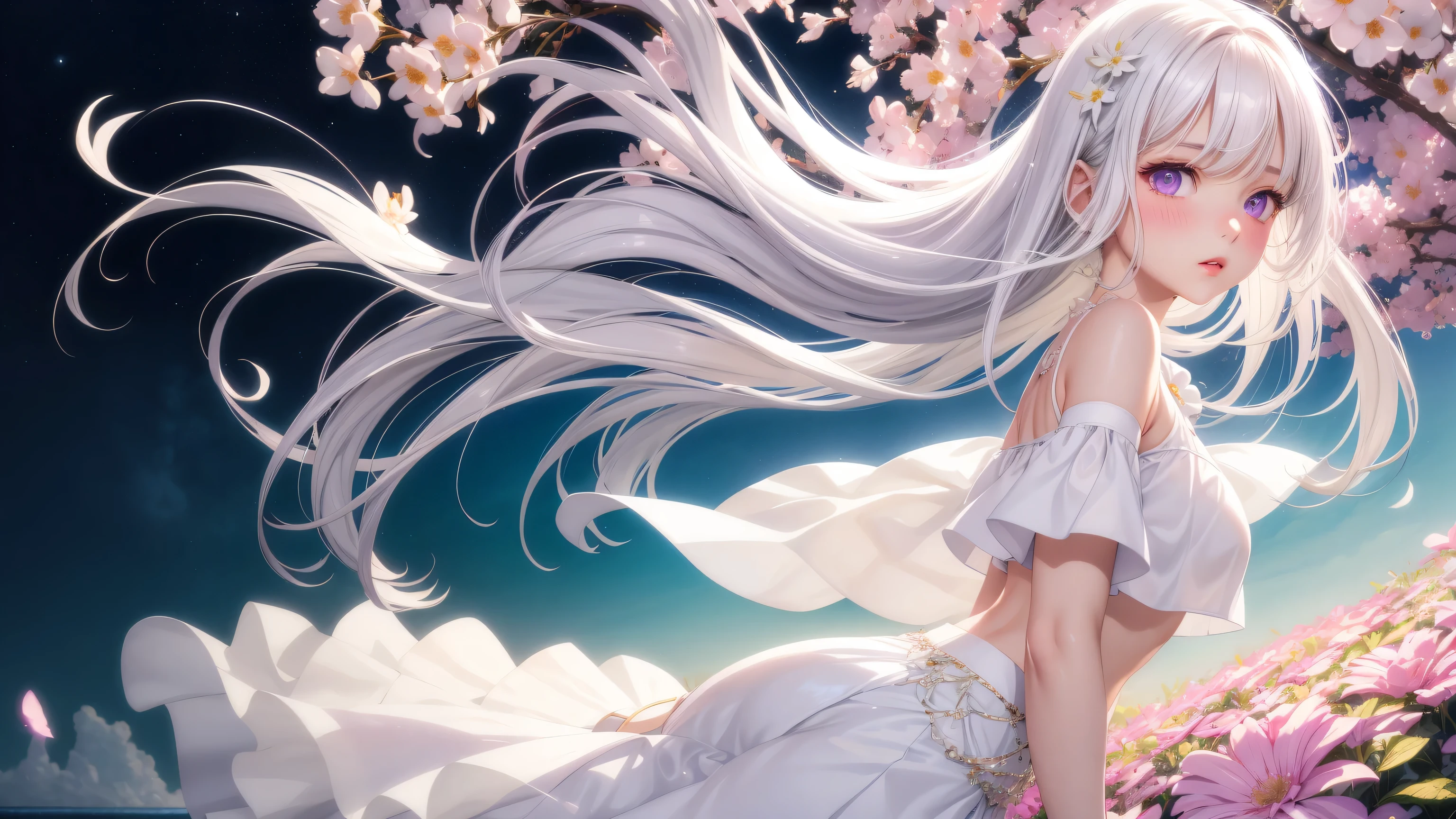 Realistic, 1girl, white hair, purple eyes, glowing eyes, cropped top, skirt, parted lips, blush, night, flowers, sun, sunlight, white skirt, short skirt, medium length hair, real, warm colors, white short Dress, white clothes, light background color, day environment, bright color background, saudi, ocean, cute,