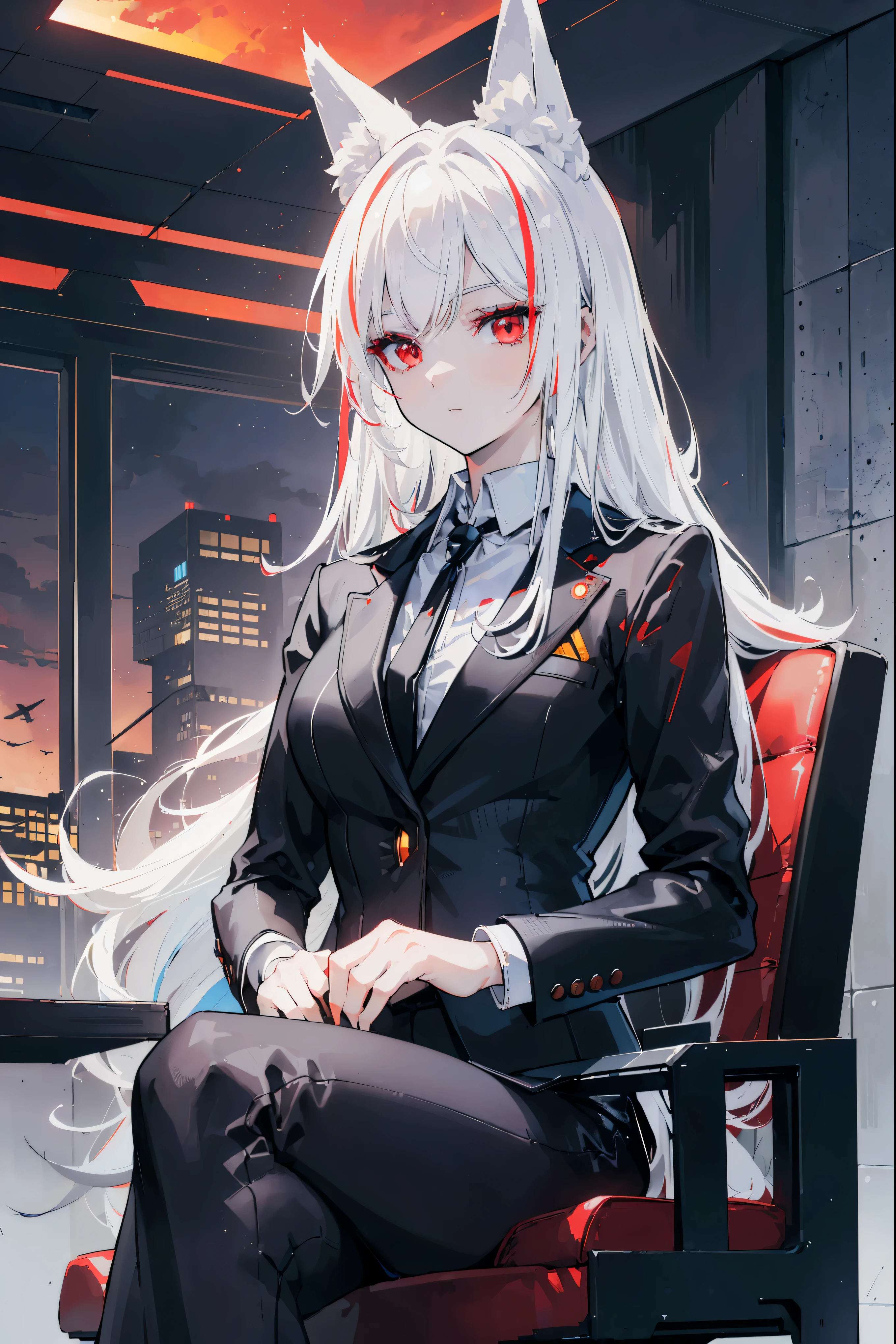 ((anime fox girl with white hair and red eyes)), (masterpiece:1.3), (8k, best quality: 1.4), (1girl), beautiful face, (realistic face), formal hairstyle, highly detail eyes, Ultra high Resolution, golden proportions, wearing black business outfit, formal blazer, masterpiece, best quality, perfect lighting, (white hair:1.4), long hair, messy hair, (red eyes:1.2), slender build, (((ceo of aeronautical surveying corporation))), sitting in luxurious black office chair, giant modern window with view overlooking cyberpunk city skyline in background, torso shot, dusk, (cyberpunk city background:1.3), (Hazy sky:1.2), (Dim red sun:1.3), eyelashes, dark eyeliner, cyberpunk, sleek modern-futuristic office, (aerospace:1.1)