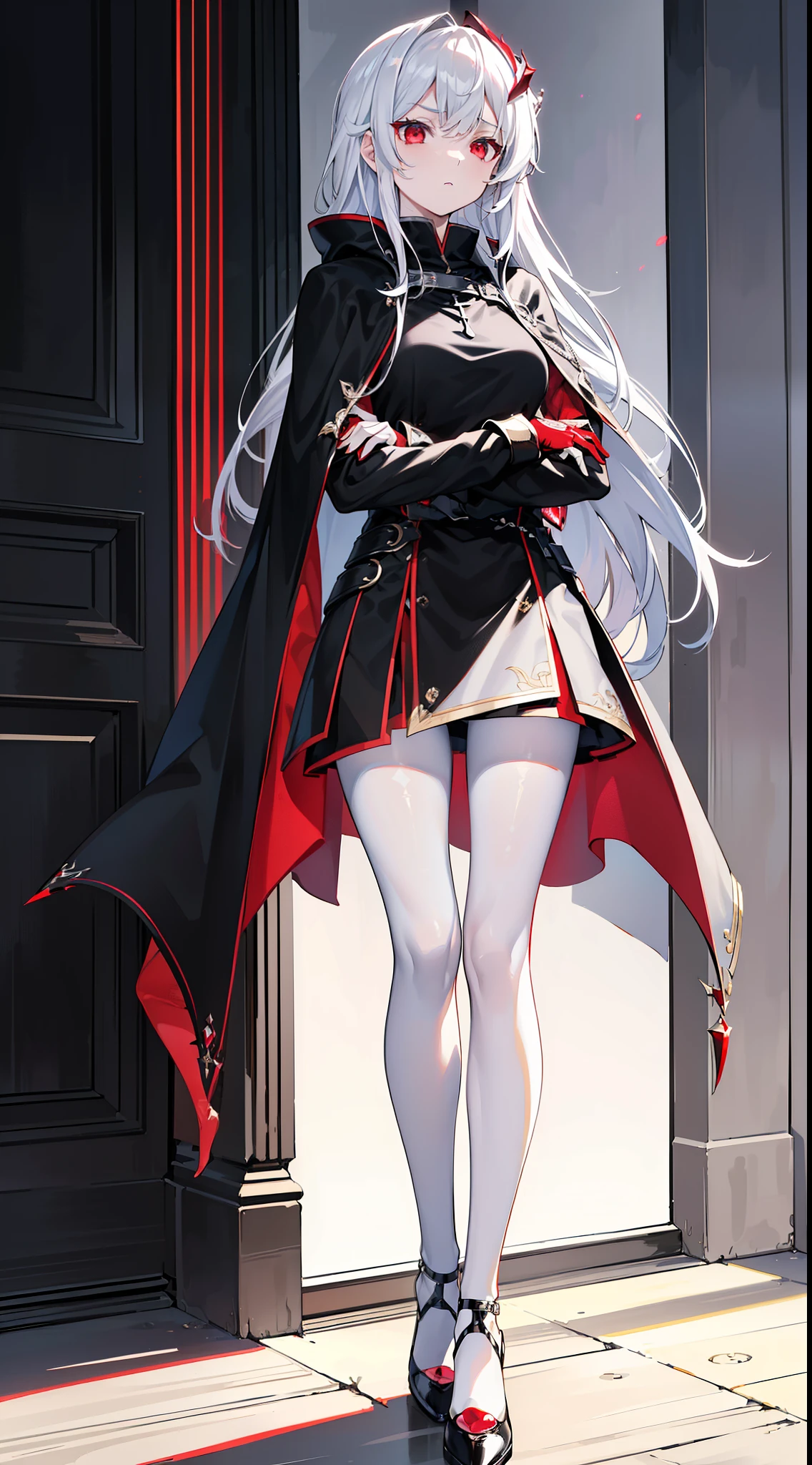 (masterpiece, best quality, highres, high quality:1.2), award winning, super detail, high details, textured skin, anatomically correct, ccurate, UHD, retina, ((4k,1080P, HD)), silver white hair, long hair, shinny hair, perfect breasts, small breasts, charming and stunning woman, attractive beauty, pantyhose black, ((black Cloak)), high heels, ((Crimson red Eyes)), crimson throne, crimson palace, (crimson lightning),((perfect anatomy)), ((1girl)), perfect hands,black gloves, ((standing)), ((crossed arms)), (mature young woman), cute girl, beautiful girl, ((high shot angle)),black short skirt, (perfect legs), ((beautiful and stunning young girl, attractive girl)), ((perfect body, sexy body)), (((full body))),((ultra_detailed)), ((standing straight)), her height is ((152cm)), young female girl