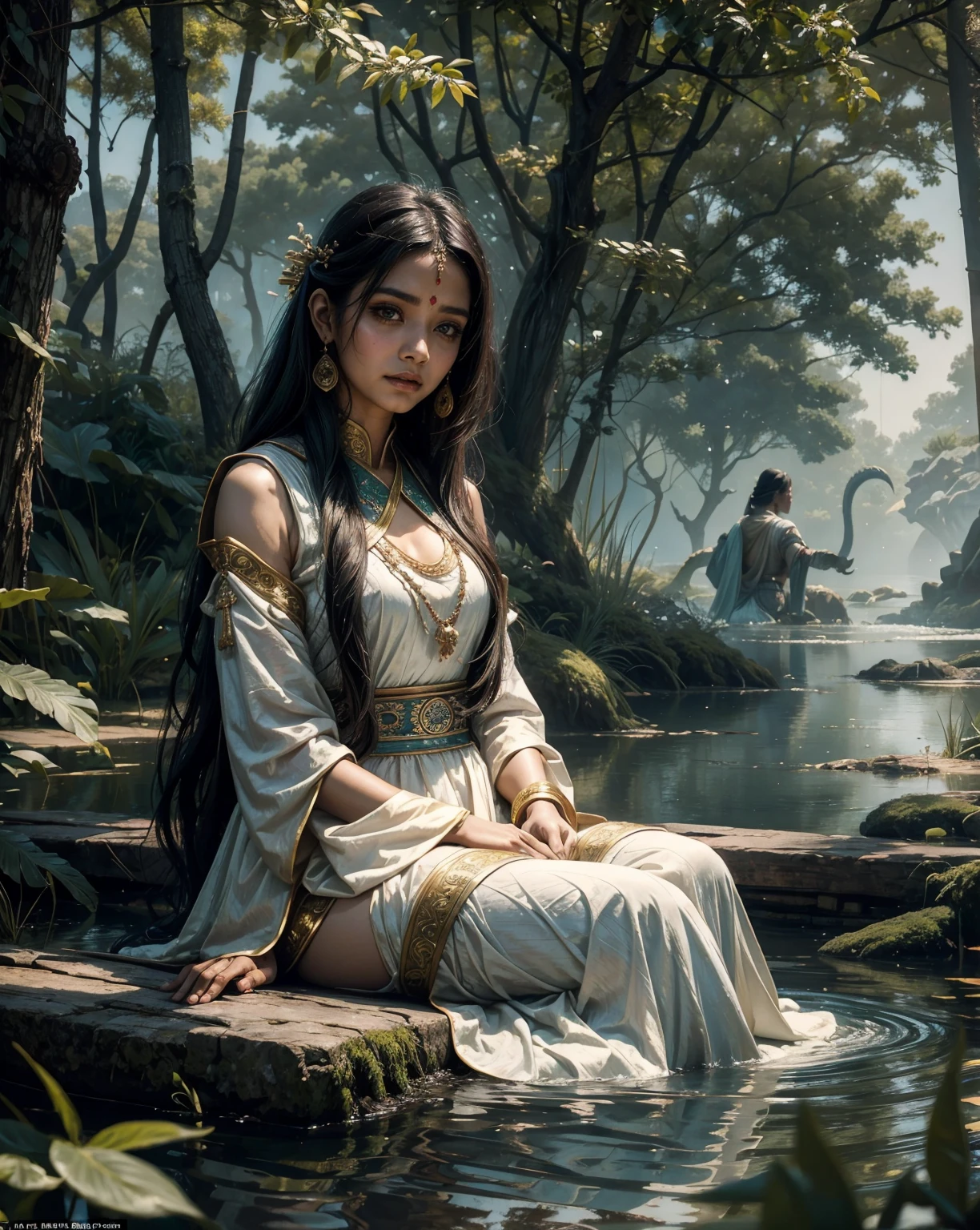 19th-century oil painting, a mythical creature is subtly suggested beneath the murky waters of a New Jersey lake. The scene, steeped in drama and moodiness, captures a historical depiction of local folklore. The swampy lake setting adds an element of mystery and intrigue, hinting at the lurking presence of a lake monster.a indian woman sitting on top of a table next to a window, indian woman, indian female, beautiful Indian woman sitting, beautiful Indian woman, anime thai girl, hanfu, duy beni serial, asian women, white hanfu, wearing ancient chinese clothes, of indian girl with tattoos, gorgeous female jade tailor, indian woman, beautiful oriental woman, ancient Indian beauties