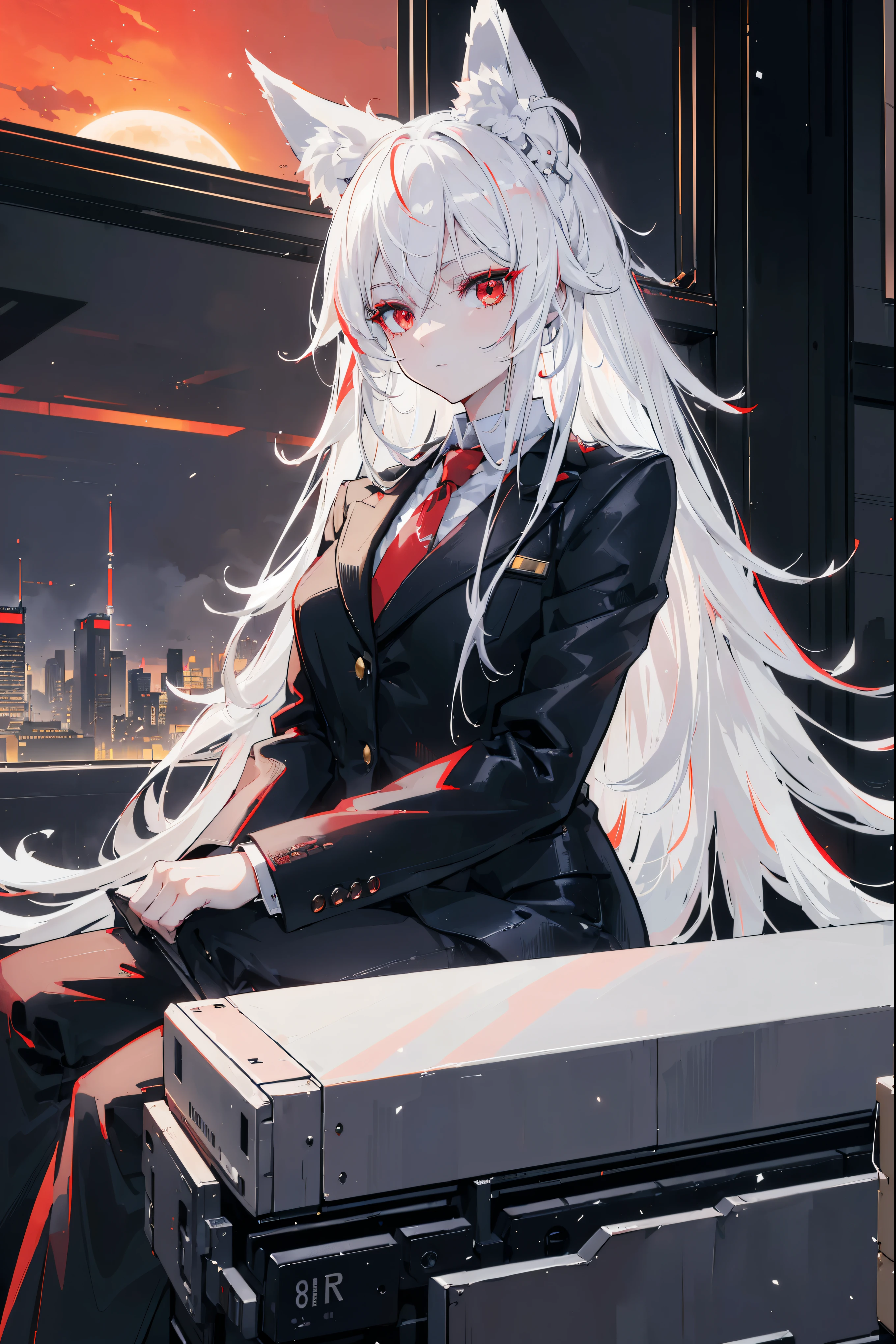 ((anime fox girl with white hair and red eyes)), (masterpiece:1.3), (8k, best quality: 1.4), (1girl), beautiful face, (realistic face), formal hairstyle, highly detail eyes, Ultra high Resolution, golden proportions, wearing black business outfit, formal blazer, masterpiece, best quality, perfect lighting, (white hair:1.4), long hair, messy hair, (red eyes:1.2), slender build, (((ceo of aeronautical surveying corporation))), sitting in luxurious black office chair, giant modern window with view overlooking cyberpunk city skyline in background, torso shot, dusk, (cyberpunk city background:1.3), (Hazy sky:1.2), (Dim red sun:1.3), eyelashes, dark eyeliner, cyberpunk, sleek modern-futuristic office, (aerospace:1.1)