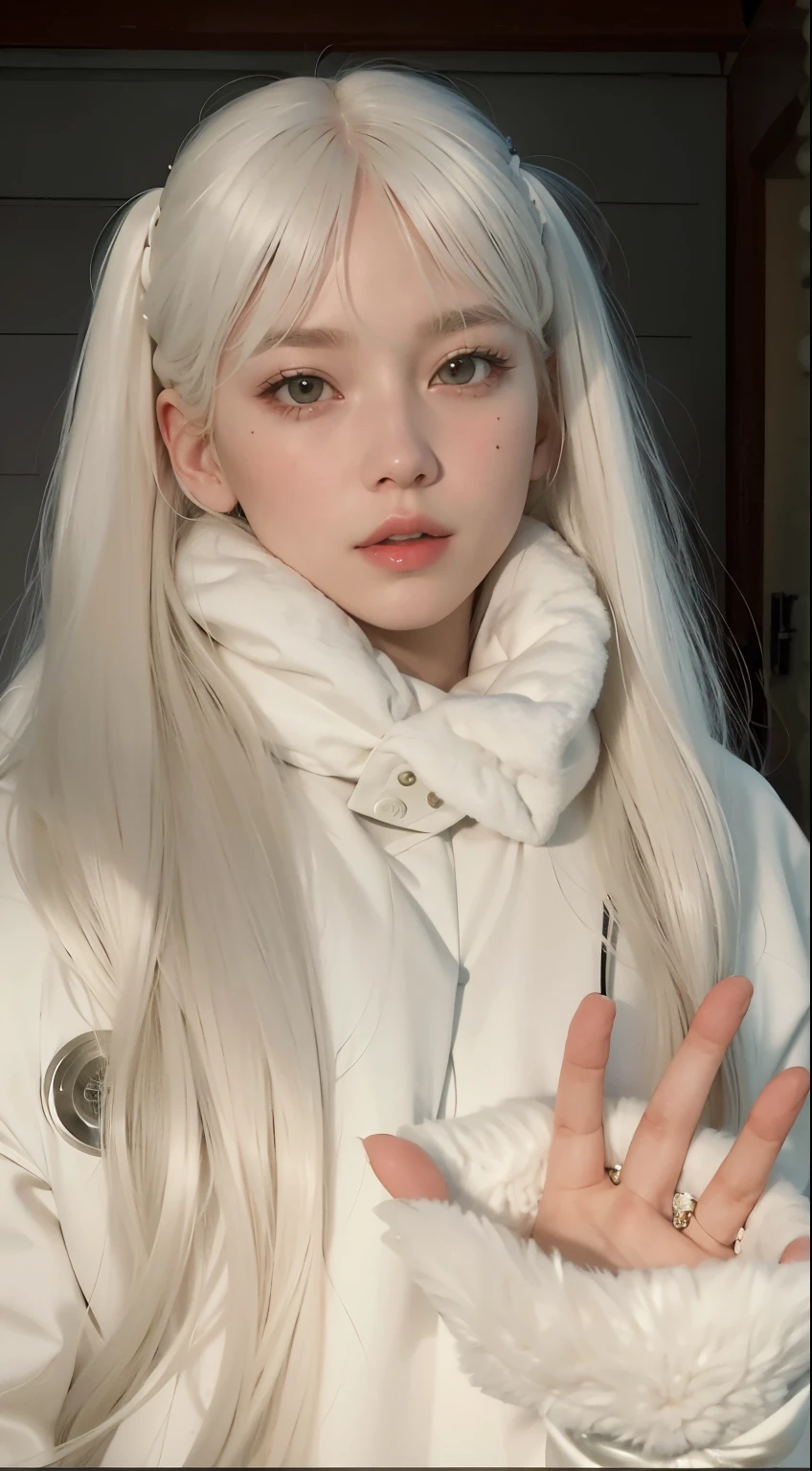 blond haired girl with long white hair and a white coat, long white hair and bangs, with white long hair, with long white hair, white hime cut hairstyle, her hair is white, white bangs, ulzzang, girl with white hair, perfect white haired girl, extremely pale blond hair, hair whitebangs hair, very very pale blond hair, roseanne park of blackpink