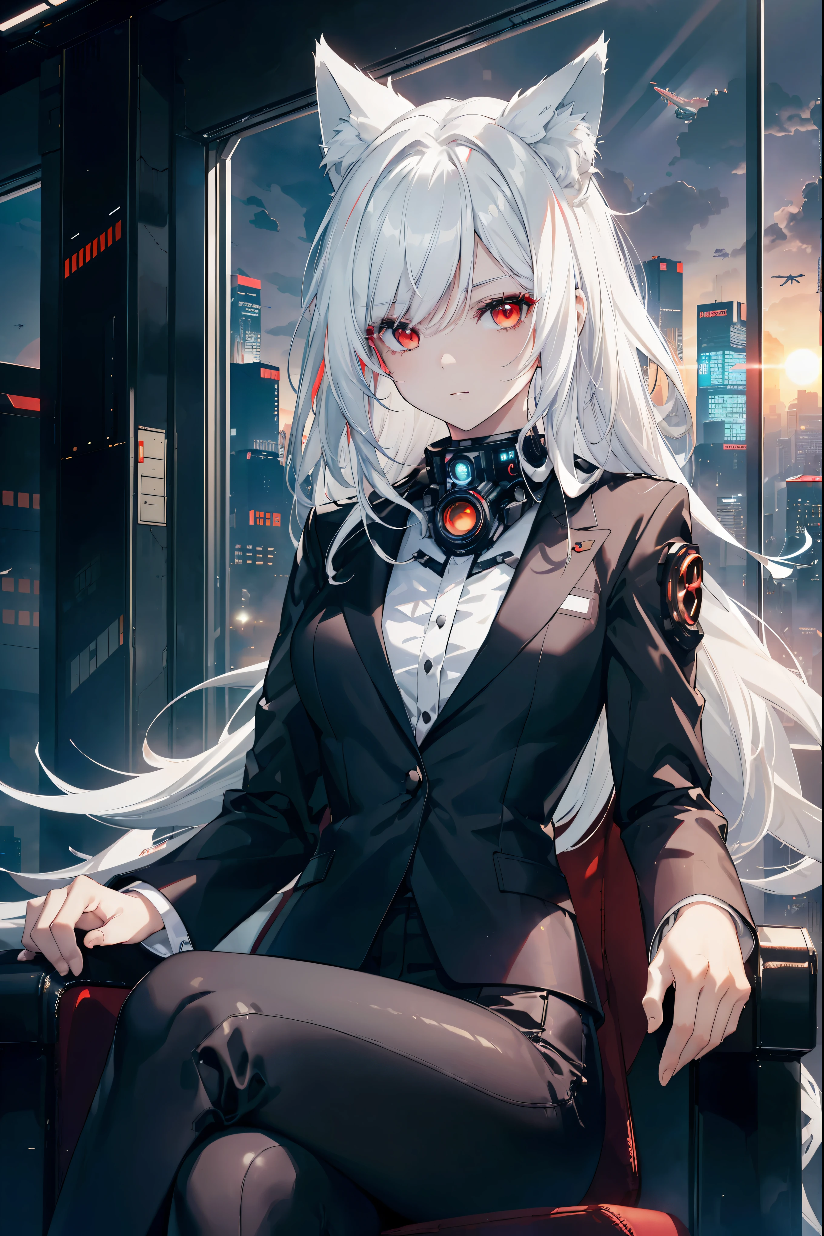 ((anime fox girl with white hair and red eyes)), (masterpiece:1.3), (8k, best quality: 1.4), (1girl), beautiful face, (realistic face), formal hairstyle, highly detail eyes, Ultra high Resolution, golden proportions, wearing black business outfit, formal blazer, masterpiece, best quality, perfect lighting, (white hair:1.4), long hair, messy hair, (red eyes:1.2), slender build, (((ceo of aeronautical surveying corporation))), sitting in luxurious black office chair, giant modern window with view overlooking cyberpunk city skyline in background, torso shot, dusk, (cyberpunk city background:1.3), (Hazy sky:1.2), (Dim red sun:1.3), eyelashes, dark eyeliner, cyberpunk, sleek modern-futuristic office, (aerospace:1.1)