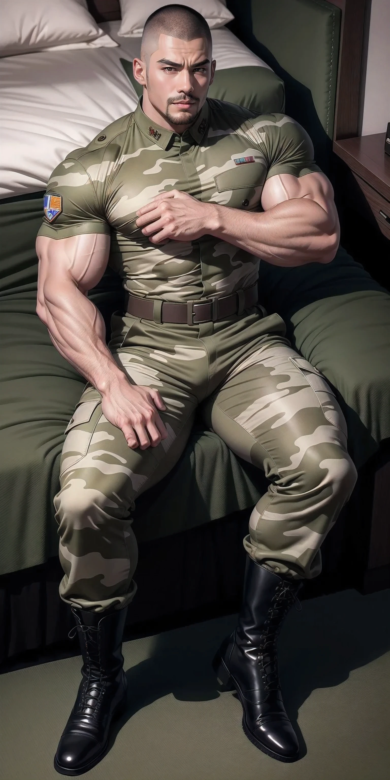 Sad crying tall giant muscular man.，Khaki camouflage military uniform，Sleep on a soft dark green mattress，Strong and fierce tough guy straight man，buzz clip，身穿Khaki camouflage military uniform，Sleep on a soft dark green mattress， sad expression，Deep and charming eyes，Emerald Pupil Hero，heroic male pose，高大burly，muscular！Charming leg muscles，High, burly, Heqiang， 身穿Khaki camouflage military uniform， Super gain and cool， high resolution committee， Big feet in black boots，Charming strong man，The bright sunshine is shining on you