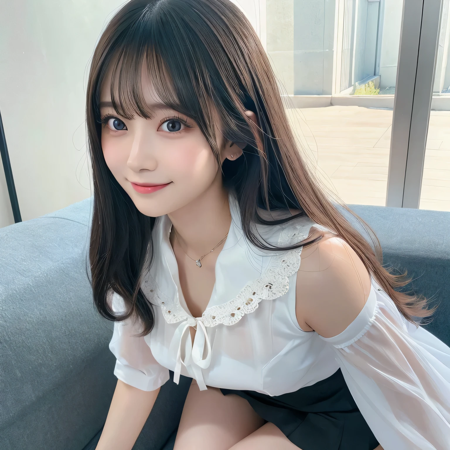 on the table, best quality, illustration, Super detailed, fine details, high resolution, 8k wallpaper, Perfect dynamic composition, Beautiful and delicate eyes,whole body摄影,show your whole body、collared shirt、mini skirt,thin and transparent、long gray hair, Bold sexy pose,Smile,Harajuku、20 year old girl、Eyeliner、beautiful bangs、hair between eyes、((masterpiece、top quality、Super detailed、movie light、intricate details、high resolution、Very detailed))、background for this、8 kood、digital SLR、soft light、high quality、film grain、富士XT3 、shallow view deep、natural soft light、Kamimei、See the knees, set on sofa,Look at the sexy shots of the lens、Above the legs、whole body、Vest、suit、 铅笔mini skirt、Holding a bouquet of flowers、side view